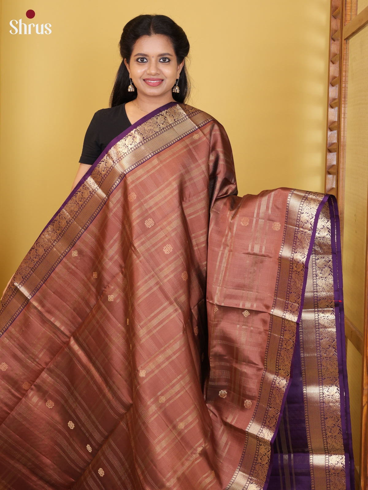 Buy Ravishing Copper Brown Pure Soft Silk Saree With Zari Stripes, Buttas & Purple Brocade Pallu