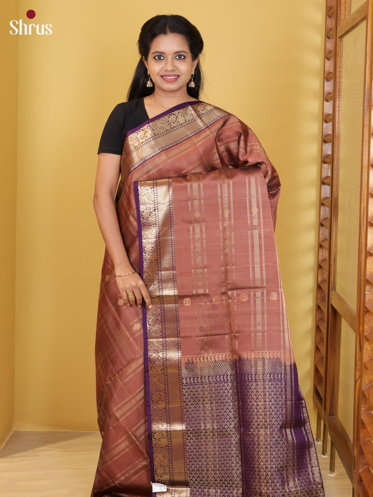 Buy Ravishing Copper Brown Soft Silk Saree With Zari Stripes, Buttas & Purple Brocade Pallu