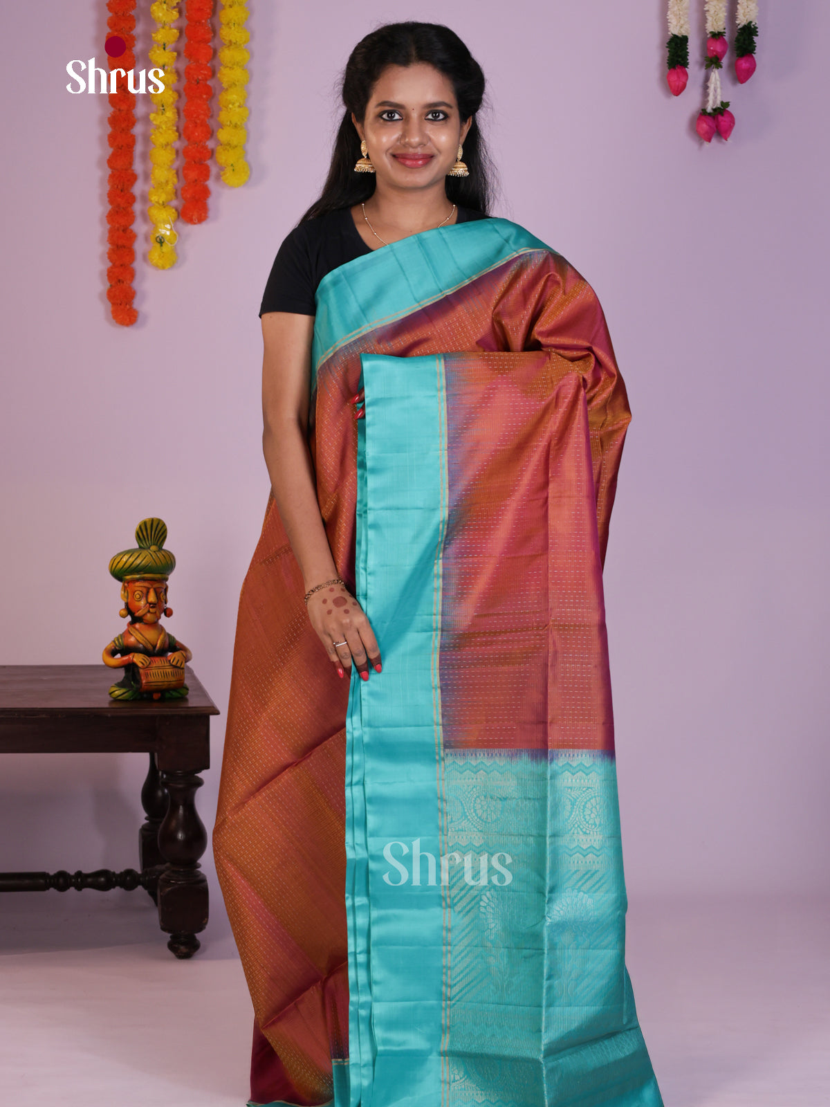 Buy Exquisite Copper Soft Silk Saree with Dashed Zari Stripes, Turquoise Border & Brocade Pallu
