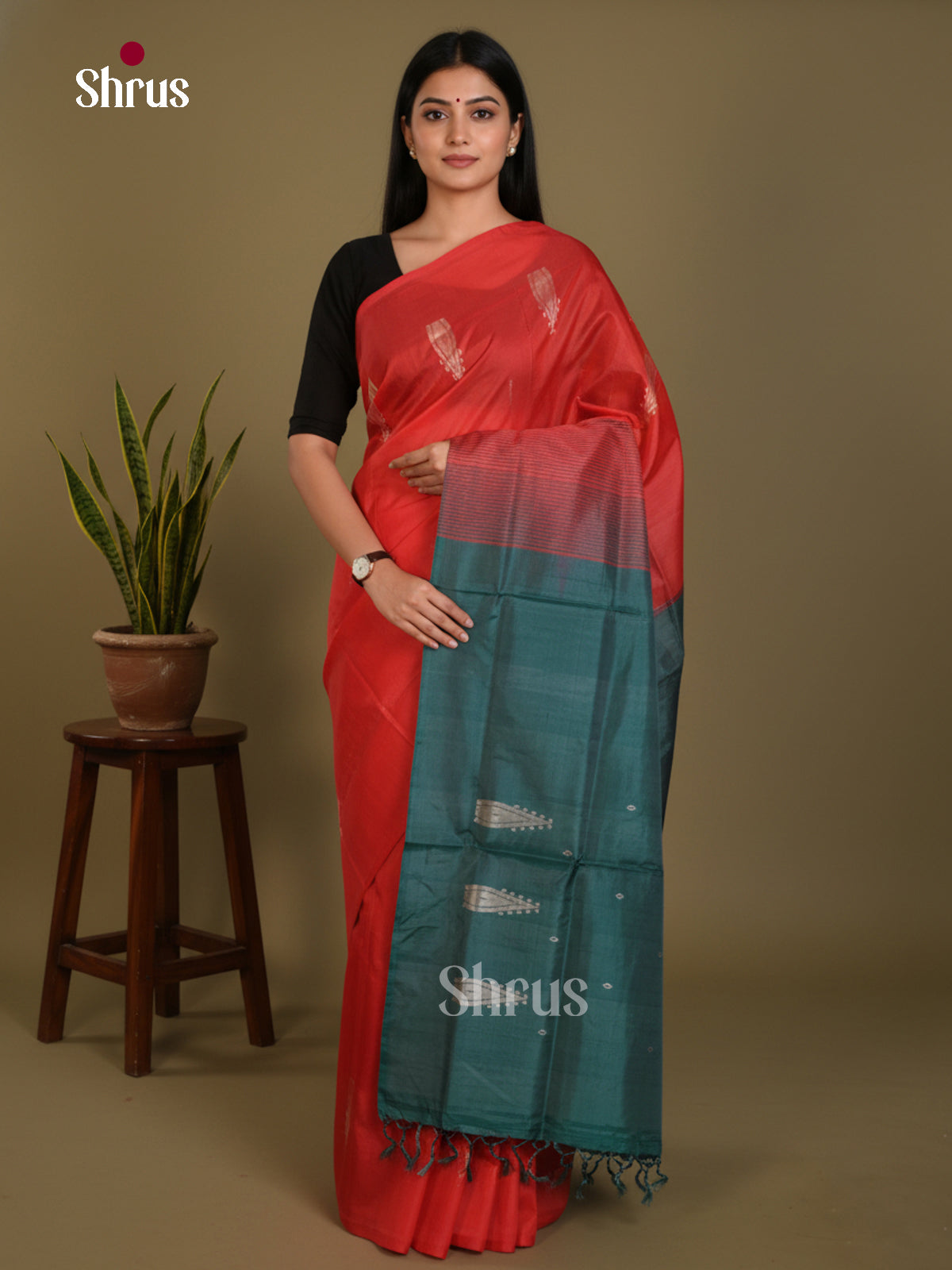 Festive Coral Red Banana Pith Saree With Floral Motifs & Teal Zari Pallu