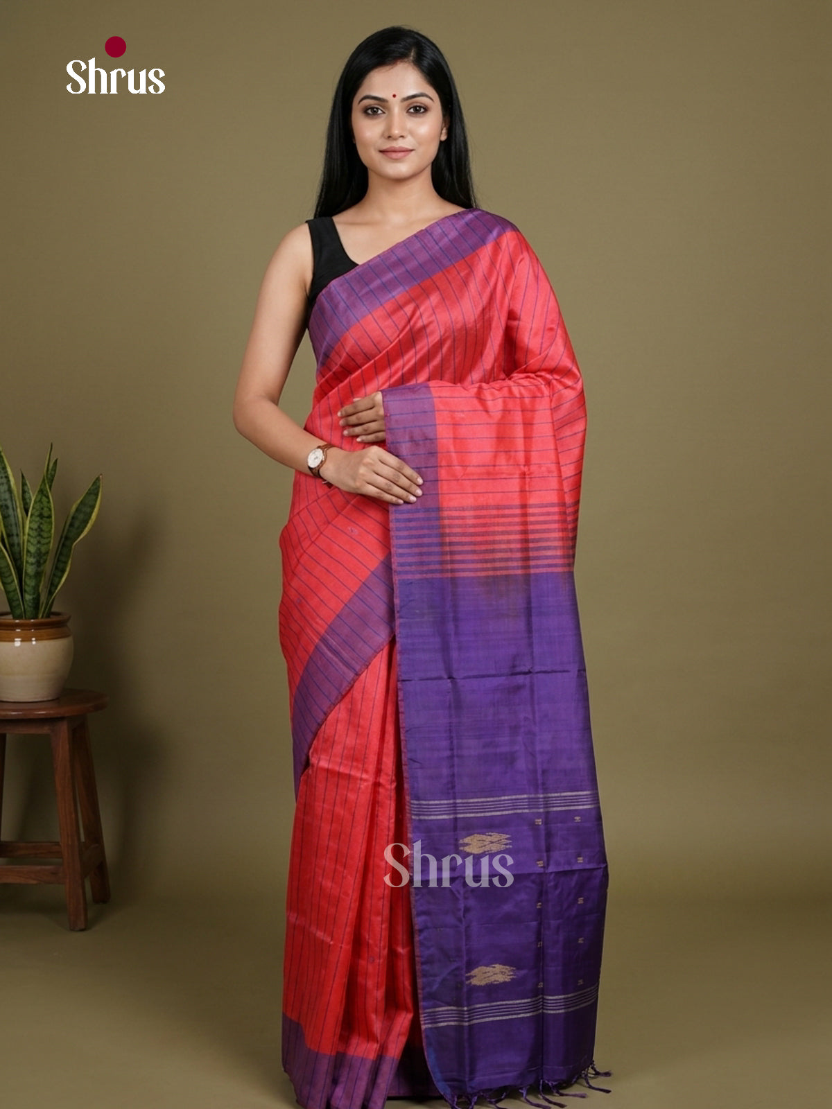 Buy Breathtaking Coral Red Banana Pith Saree With Thread Woven Stripes, Purple Border & Zari Pallu
