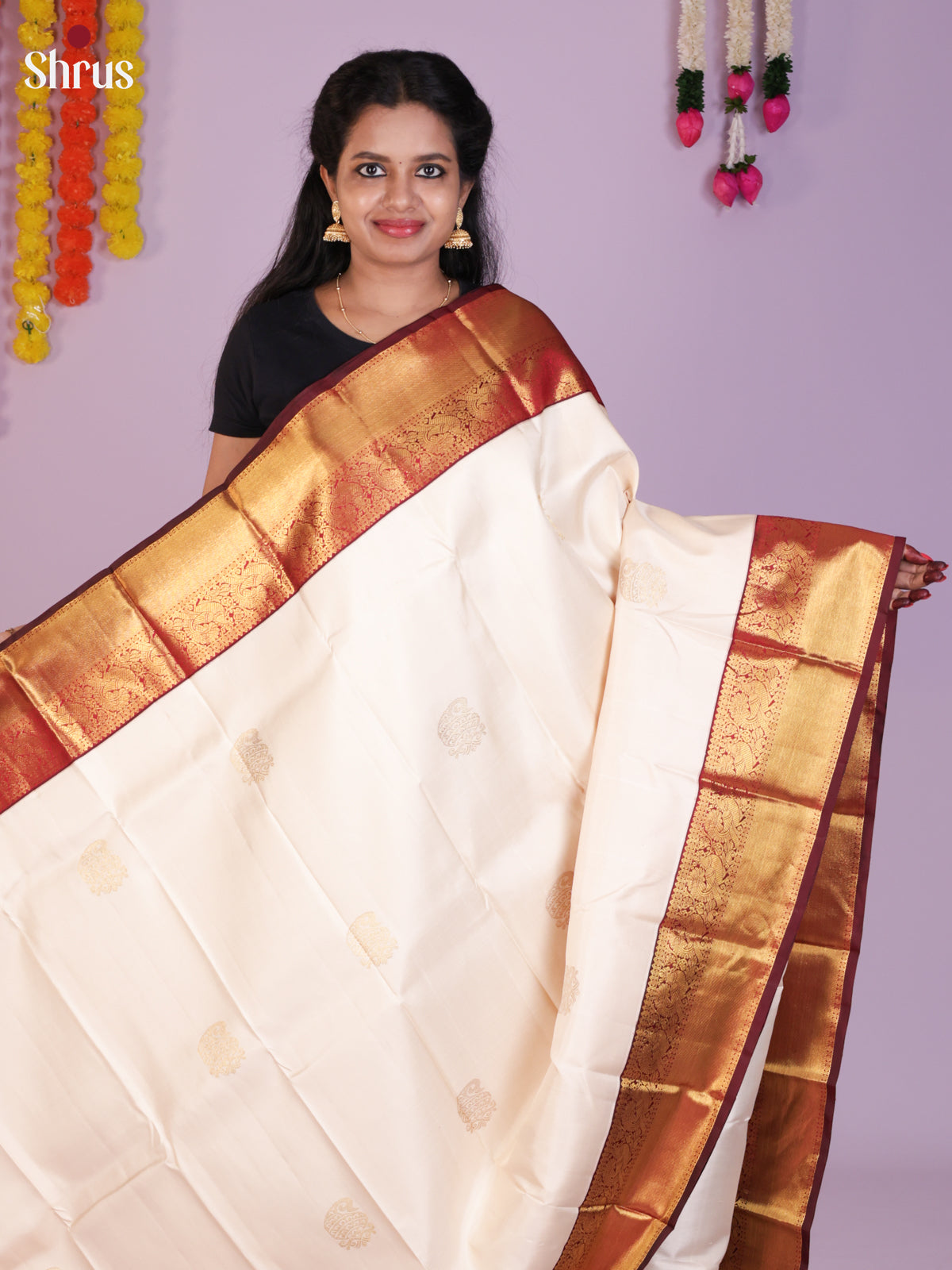 Buy Graceful Cream Kanchipuram Saree With golden Medallions, Maroon Zari Border & Rich pallu
