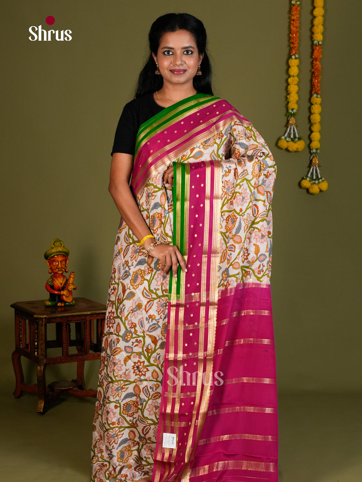 Buy Enchanting Cream Mysore Silk Saree with Floral Print, Rettapet Zari Border & Purple Pallu