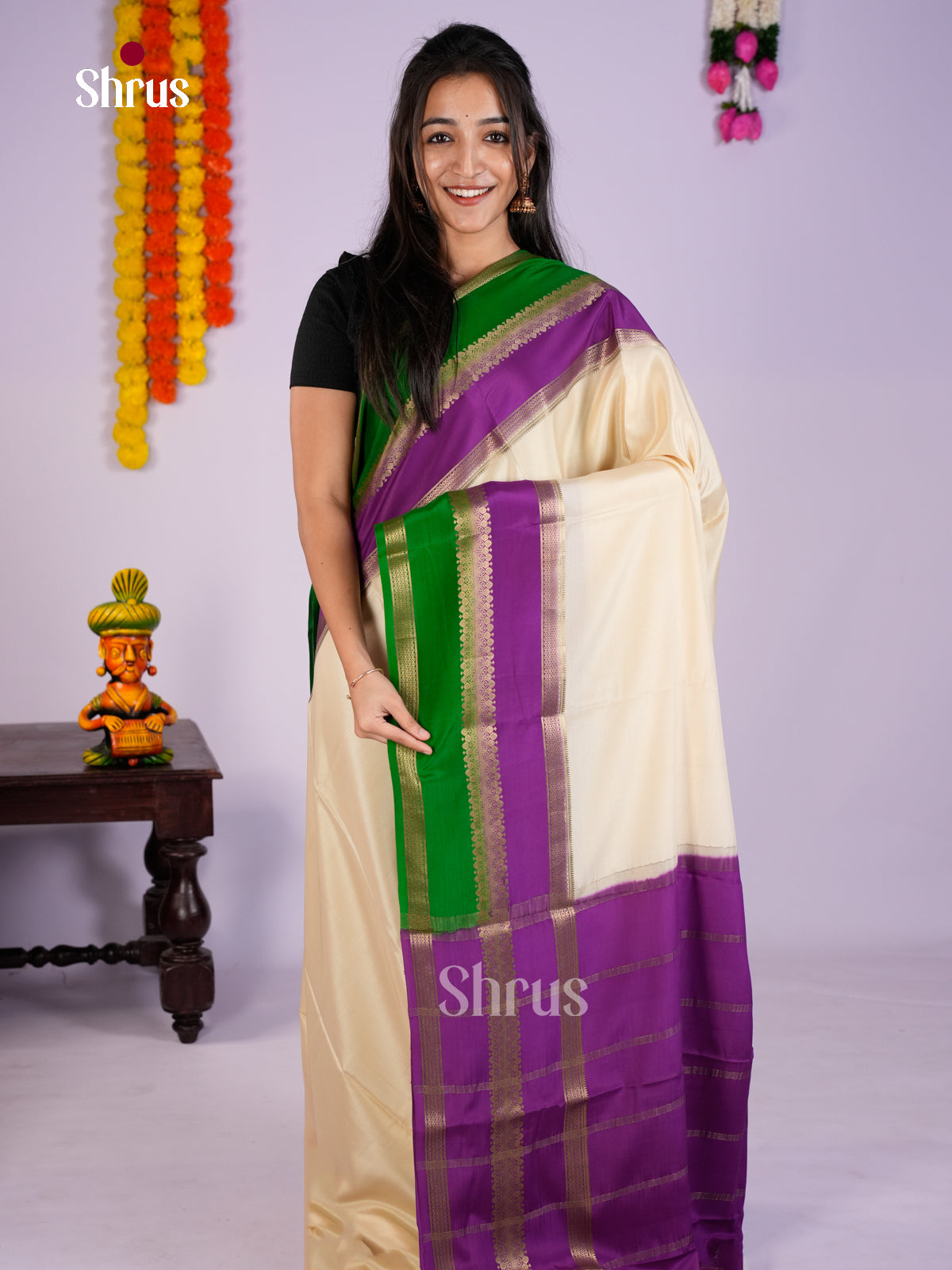 Buy Charming Cream Mysore Silk Saree with Purple & Green Double Border And Traditional Pallu