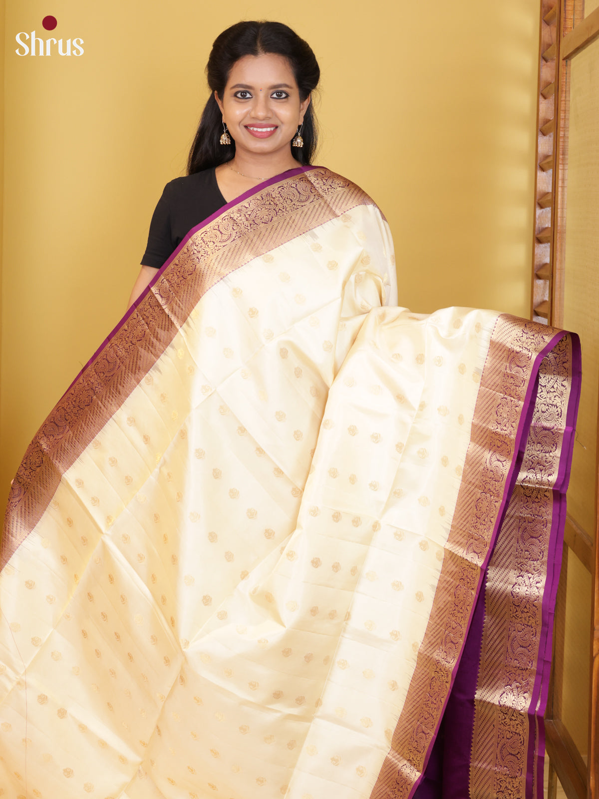 Buy Gorgeous Cream Pure Soft Silk Saree with Golden Buttas, Zari Woven Border & Brocade Pallu
