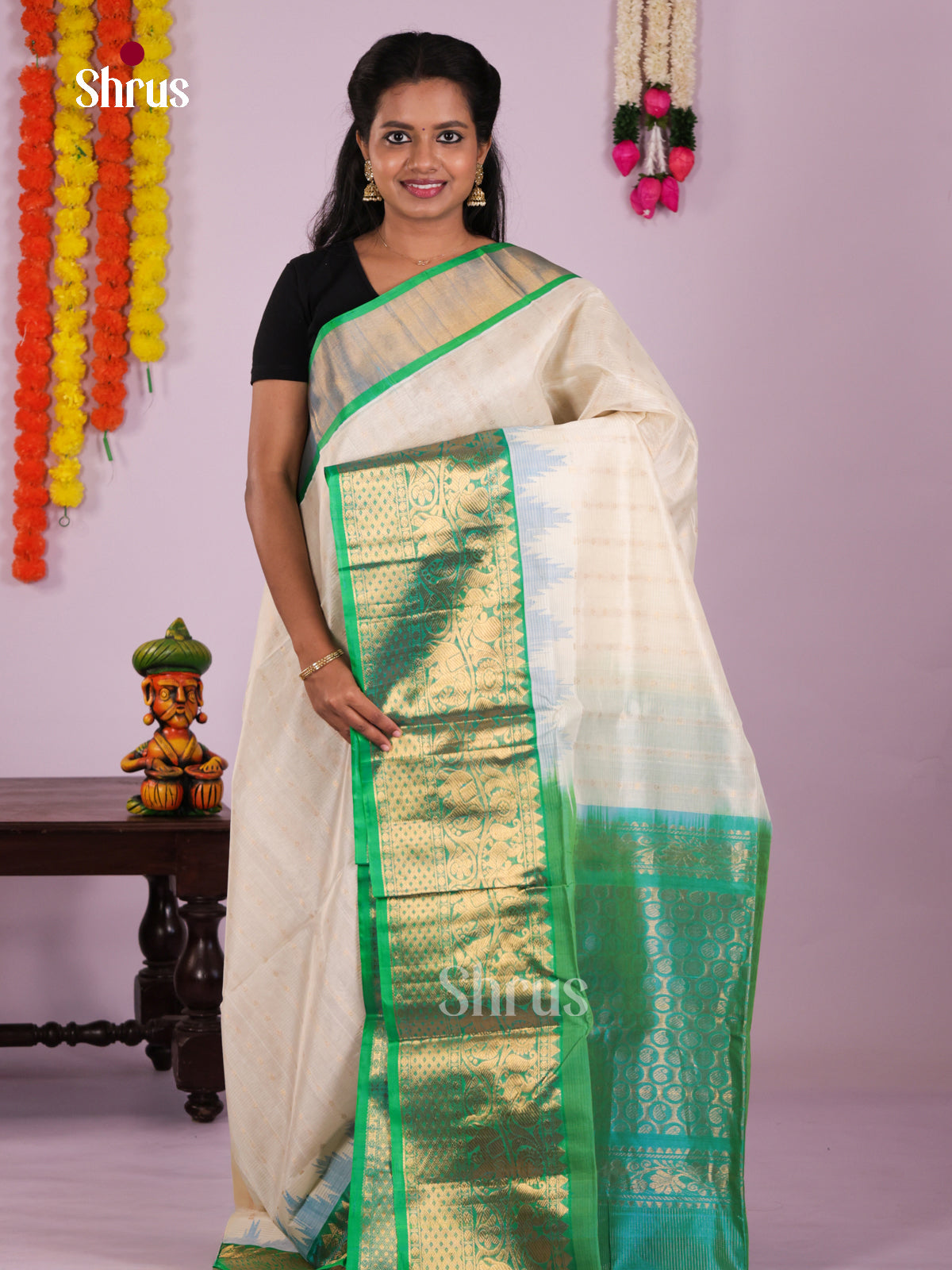 Buy Gorgeous Cream Silk Cotton Saree with Zari Stripes, Buttas & Green Brocade Pallu