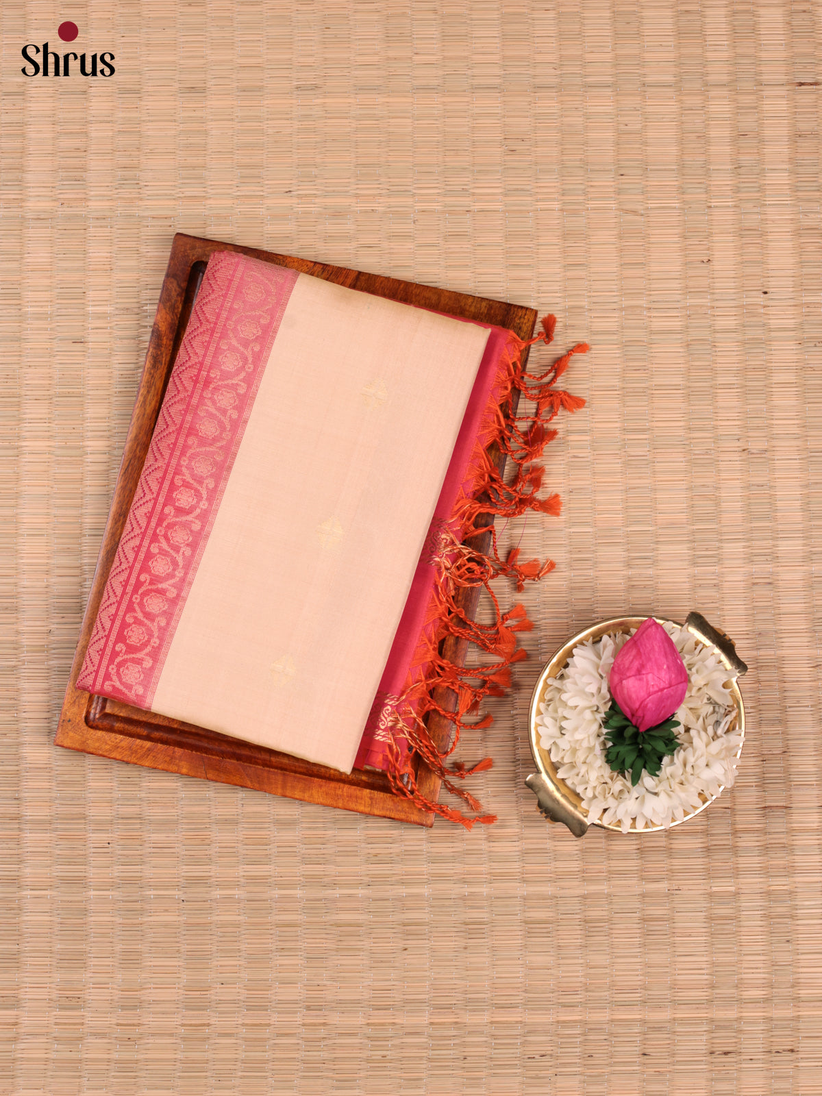 Buy Cream Soft Silk Saree With Golden Floral Buttas, Pink Rettaipet Border & Brocade Pallu