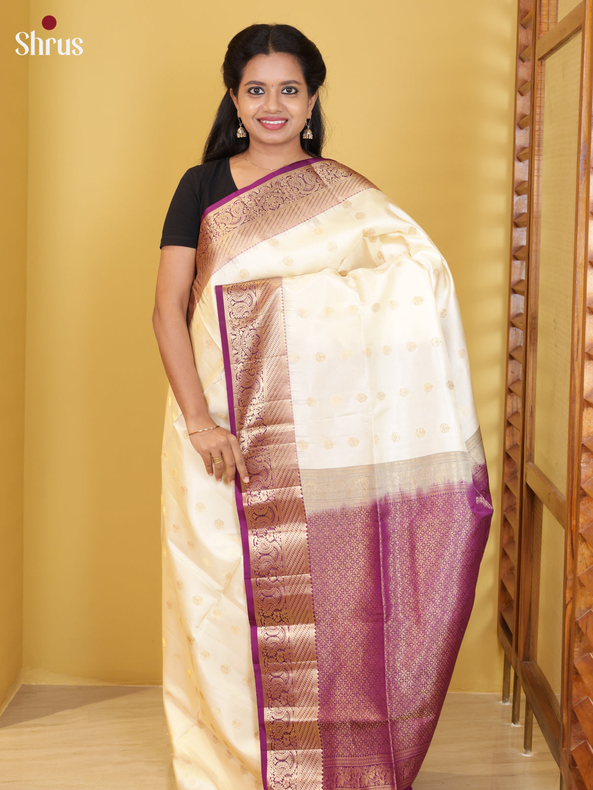Buy Gorgeous Cream Soft Silk Saree with Golden Buttas, Zari Woven Border & Brocade Pallu