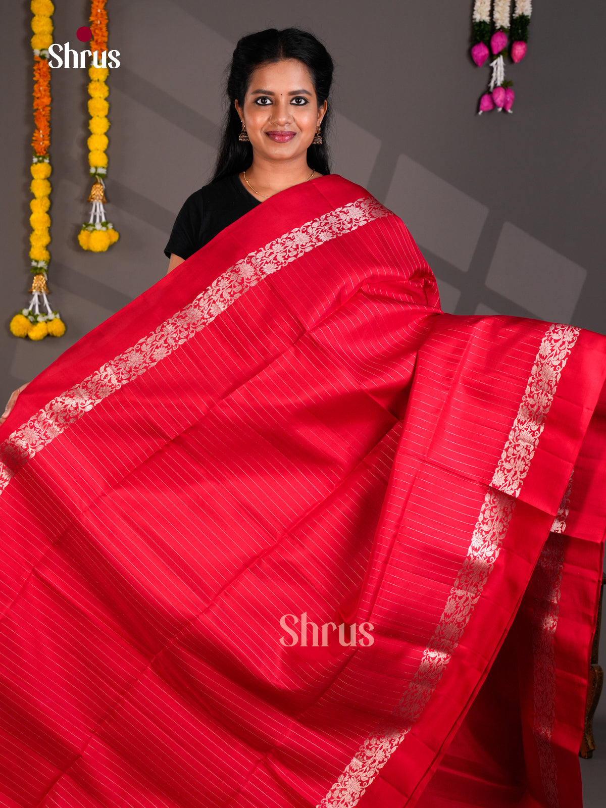 Buy Vibrant Crimson Red Soft Silk Saree with Silver Stripes & Zari Woven Floral Border & Pallu