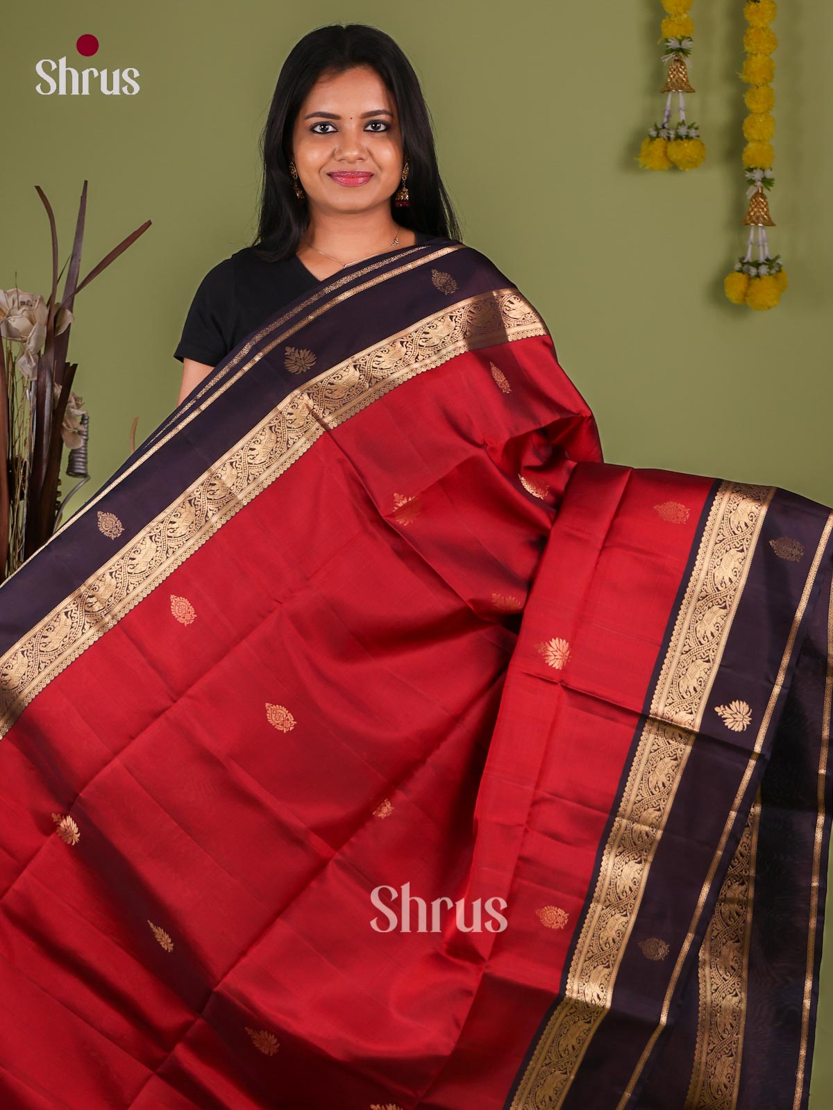 Crimson Red Soft Silk Sarees With Gold Floral Buttas, Dark Purple Rettapet Border & Zari Brocade Pallu 1