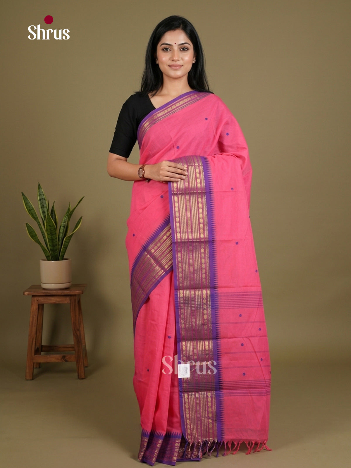 Cute Rose Pink Chettinad Cotton Saree With Thread Buttas & Violet Temple Zari Striped Border