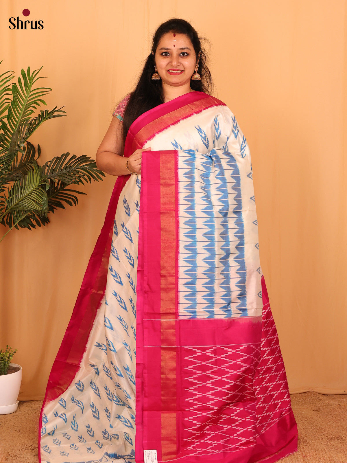 Cream & Pink  - Ikkat Silk Saree - Shop on Shrus.com