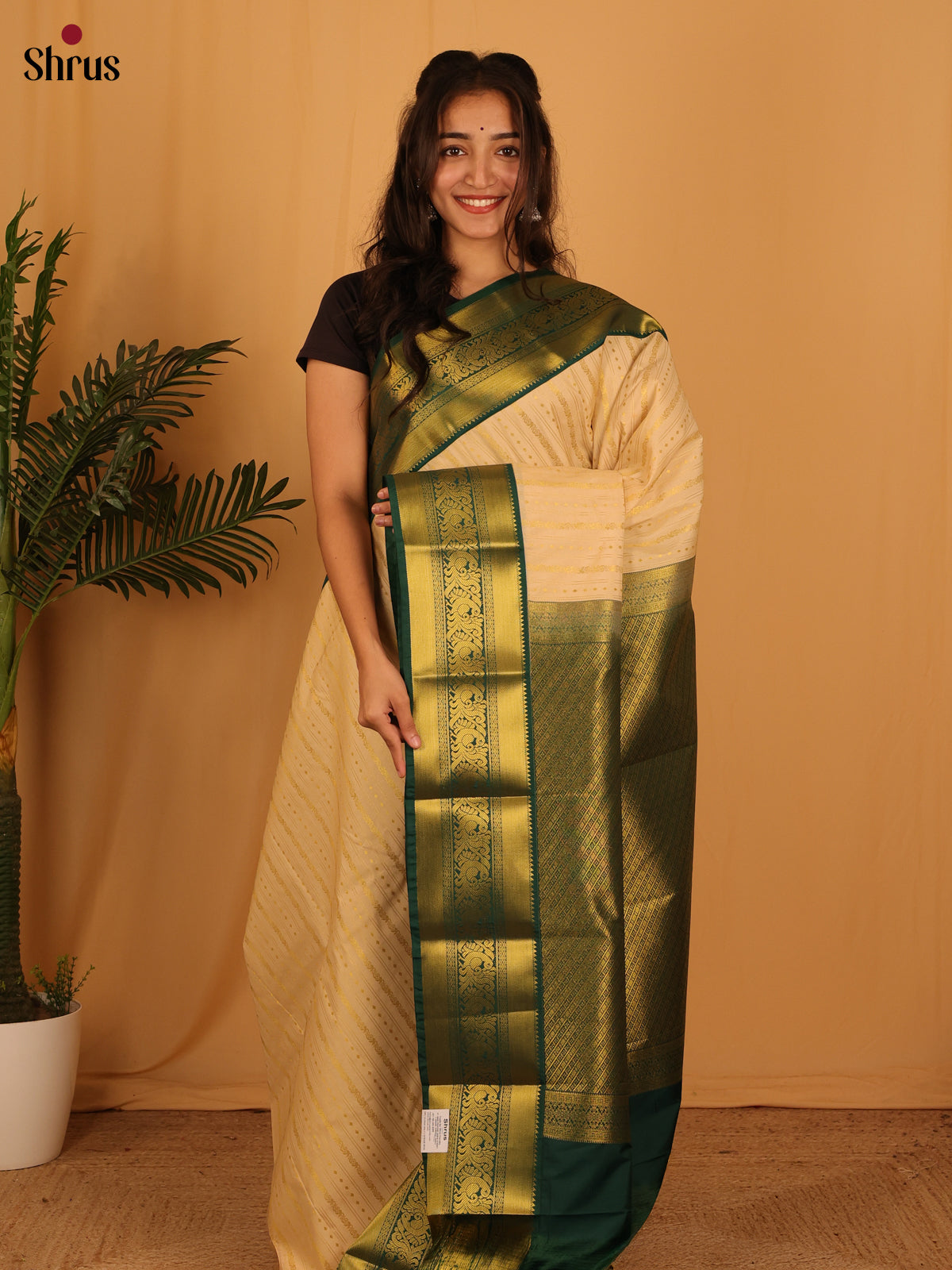 Beige & Green - Bangalori silk Saree