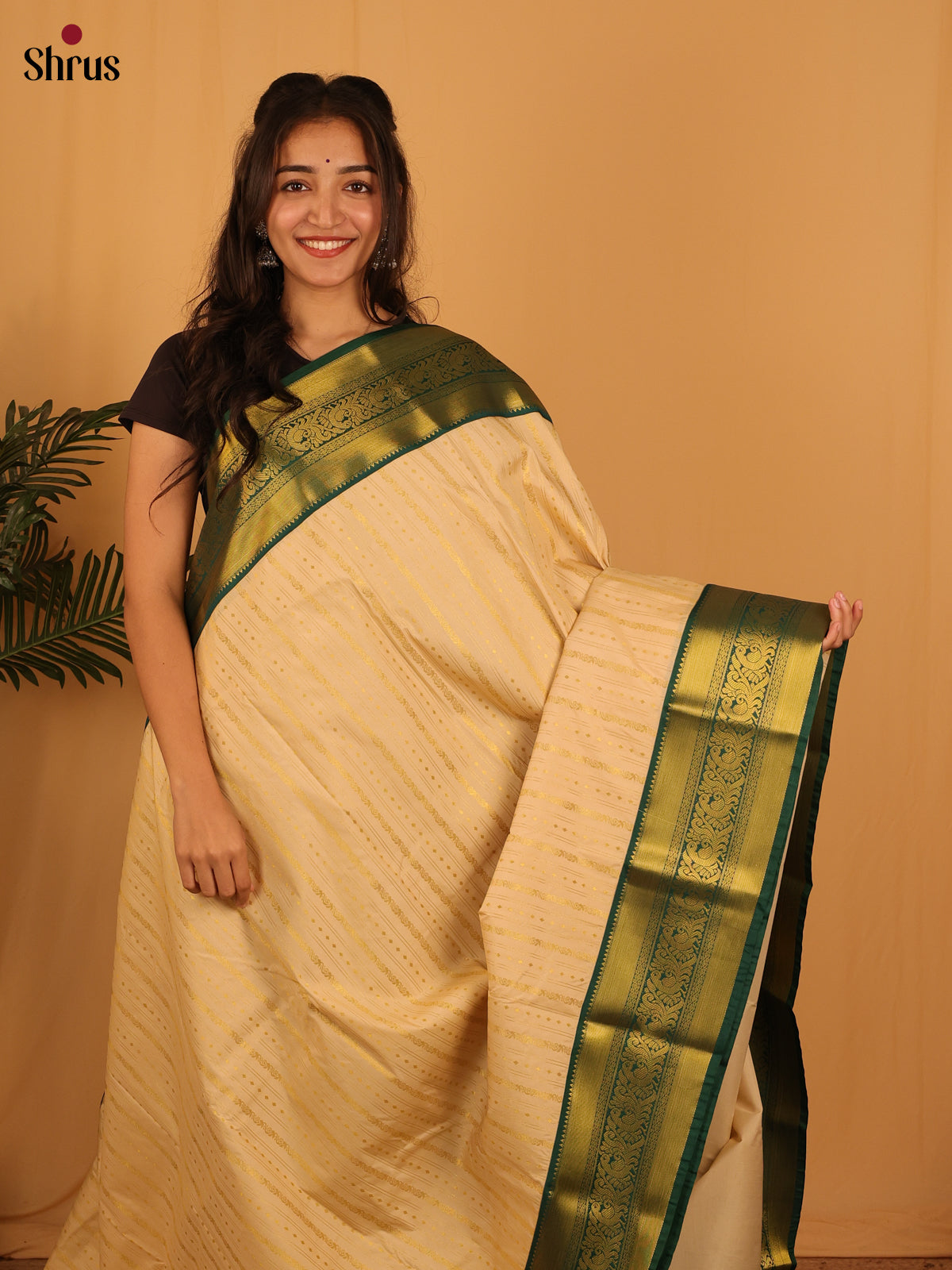 Beige & Green - Bangalori silk Saree