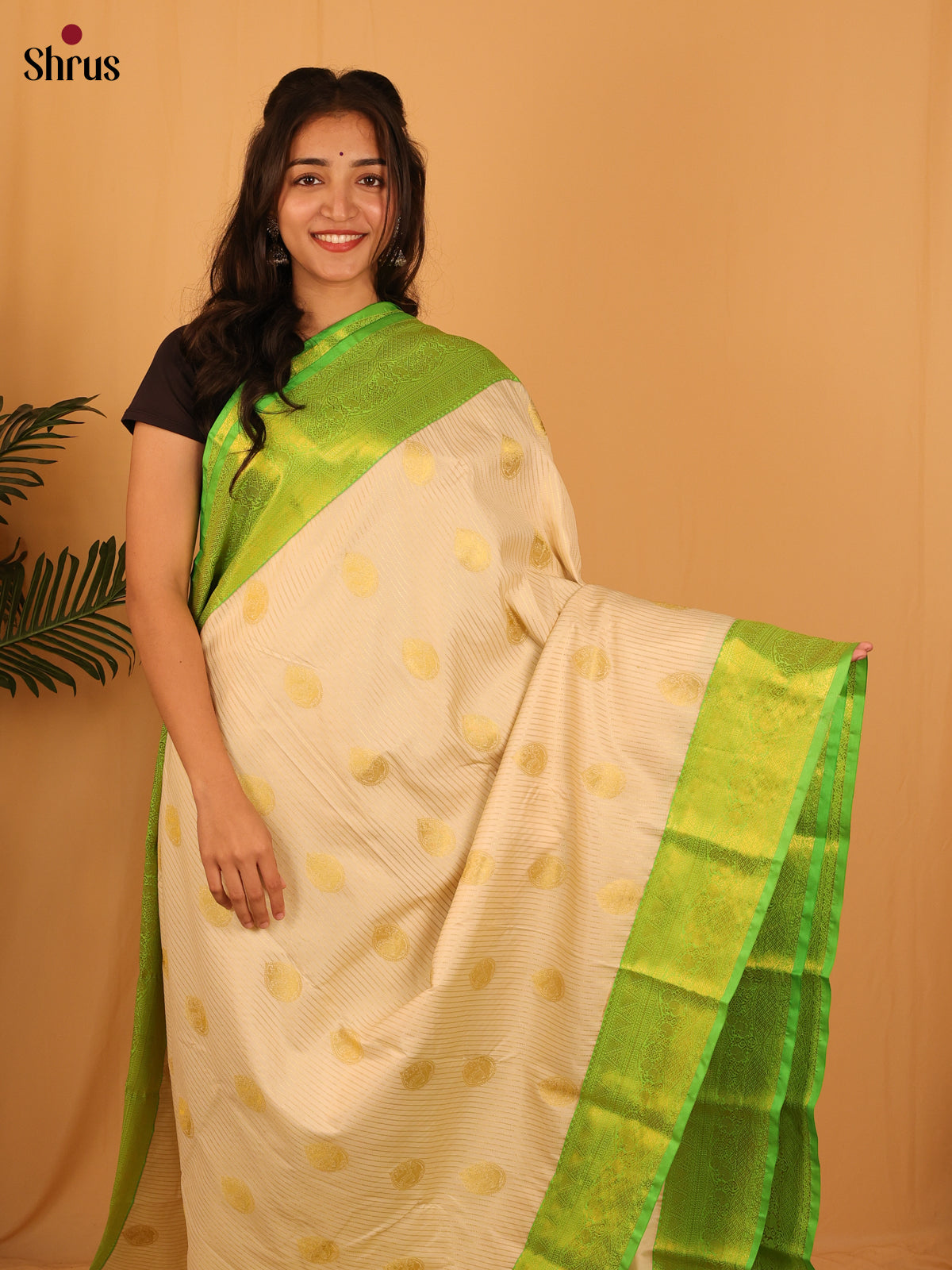 Cream  & Green - Bangalori silk Saree