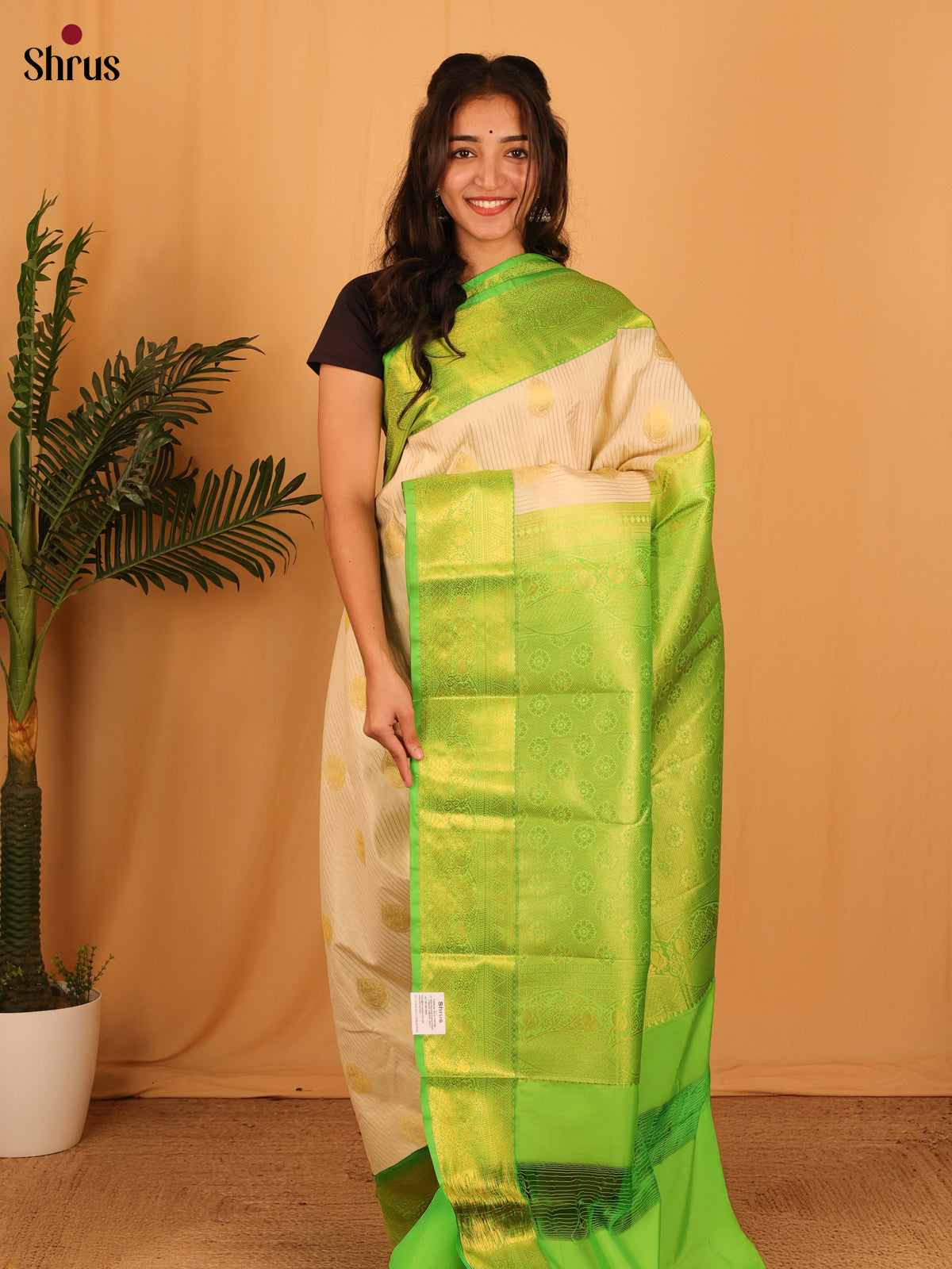 Cream  & Green - Bangalori silk Saree