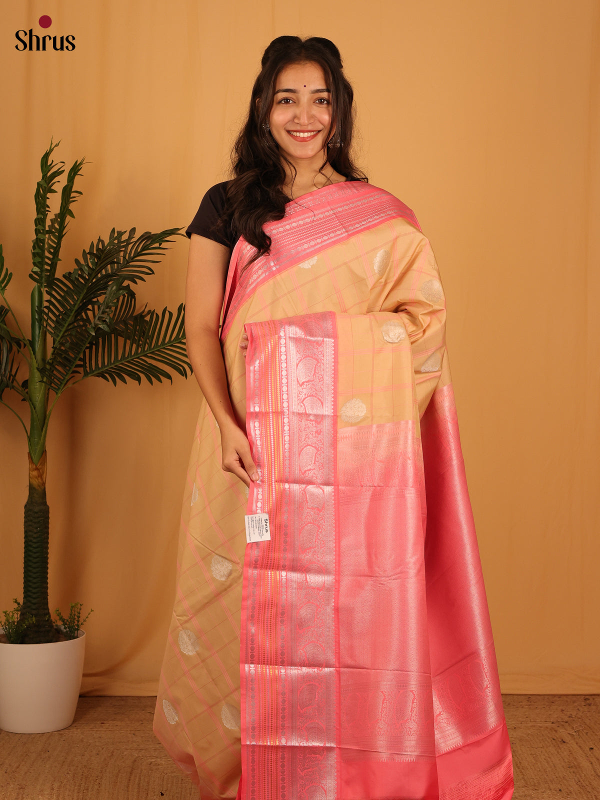 Beige & Pink - Bangalori silk Saree