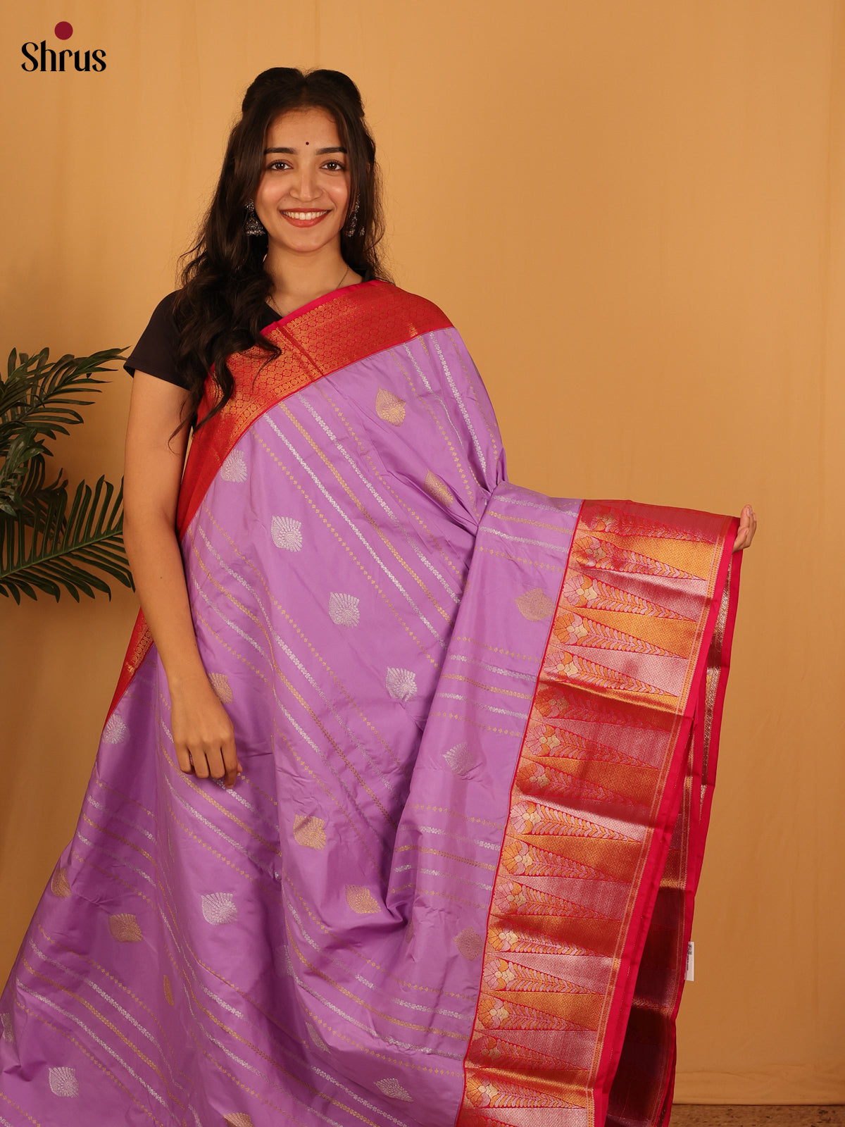 Lavender & Red  - Bangalori silk Saree