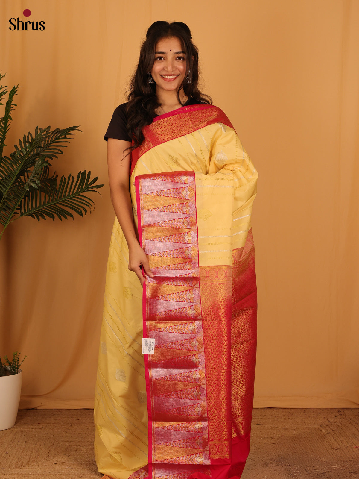 Lite Yellow & Red - Bangalori silk Saree