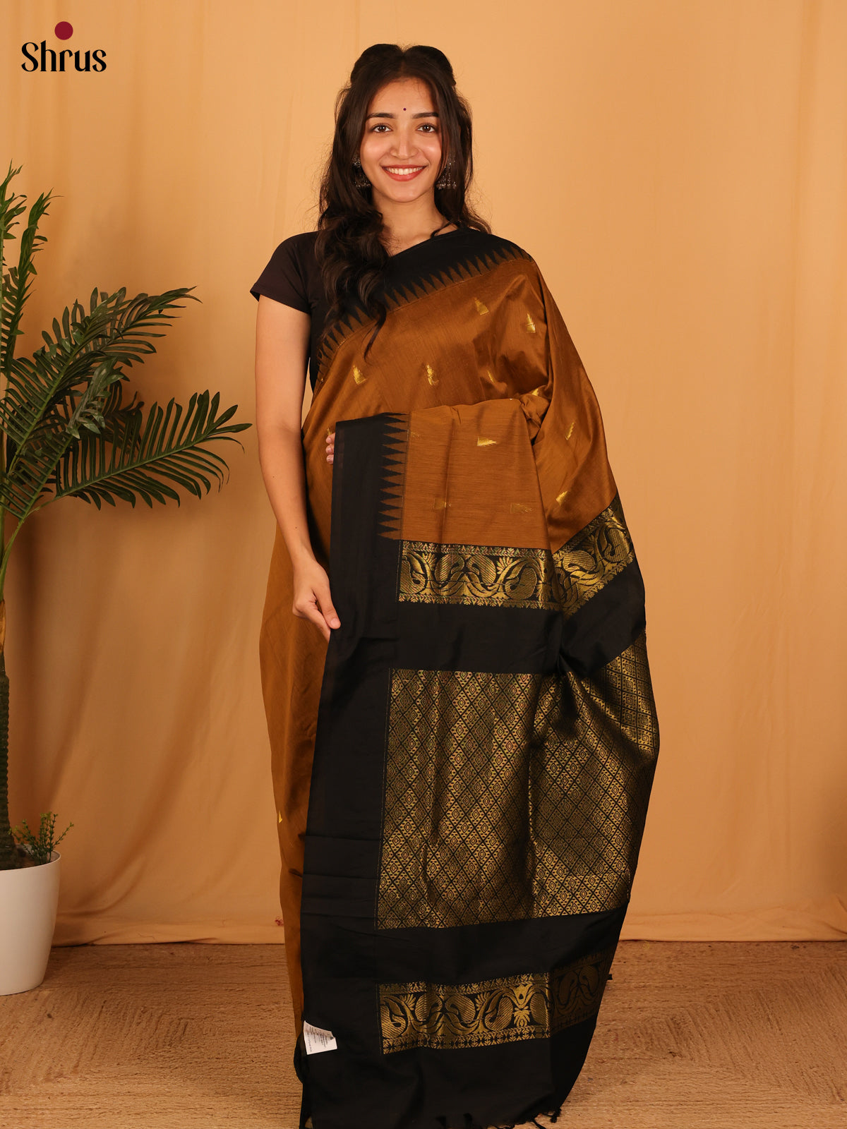 Dark Mustard & Black - Kalyani Cotton Saree - Shop on Shrus.com