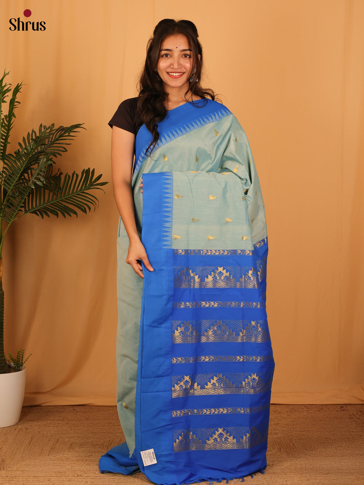 Greyish Blue & Blue - Kalyani Cotton Saree