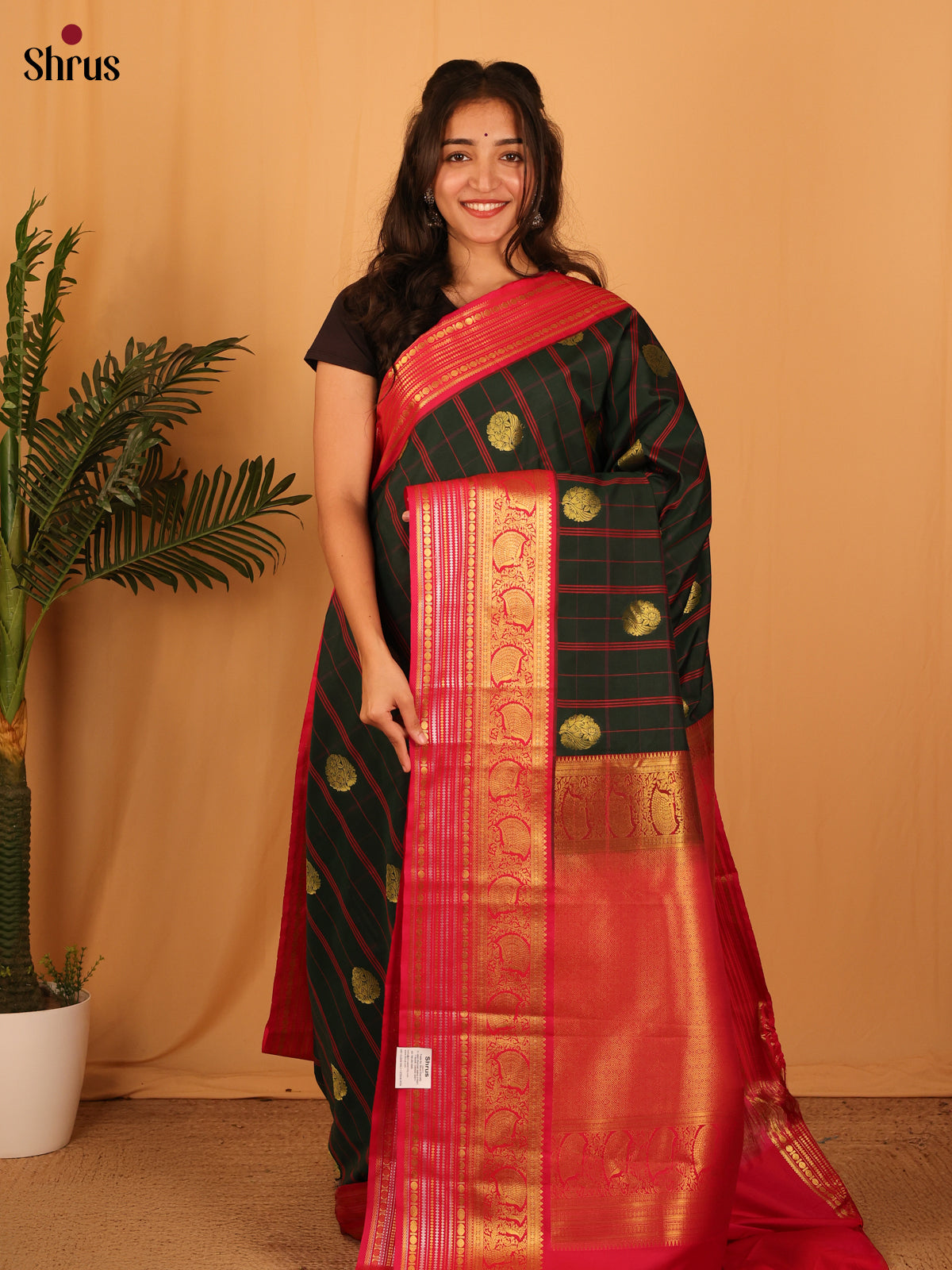 Dark Green & Red - Bangalori silk Saree