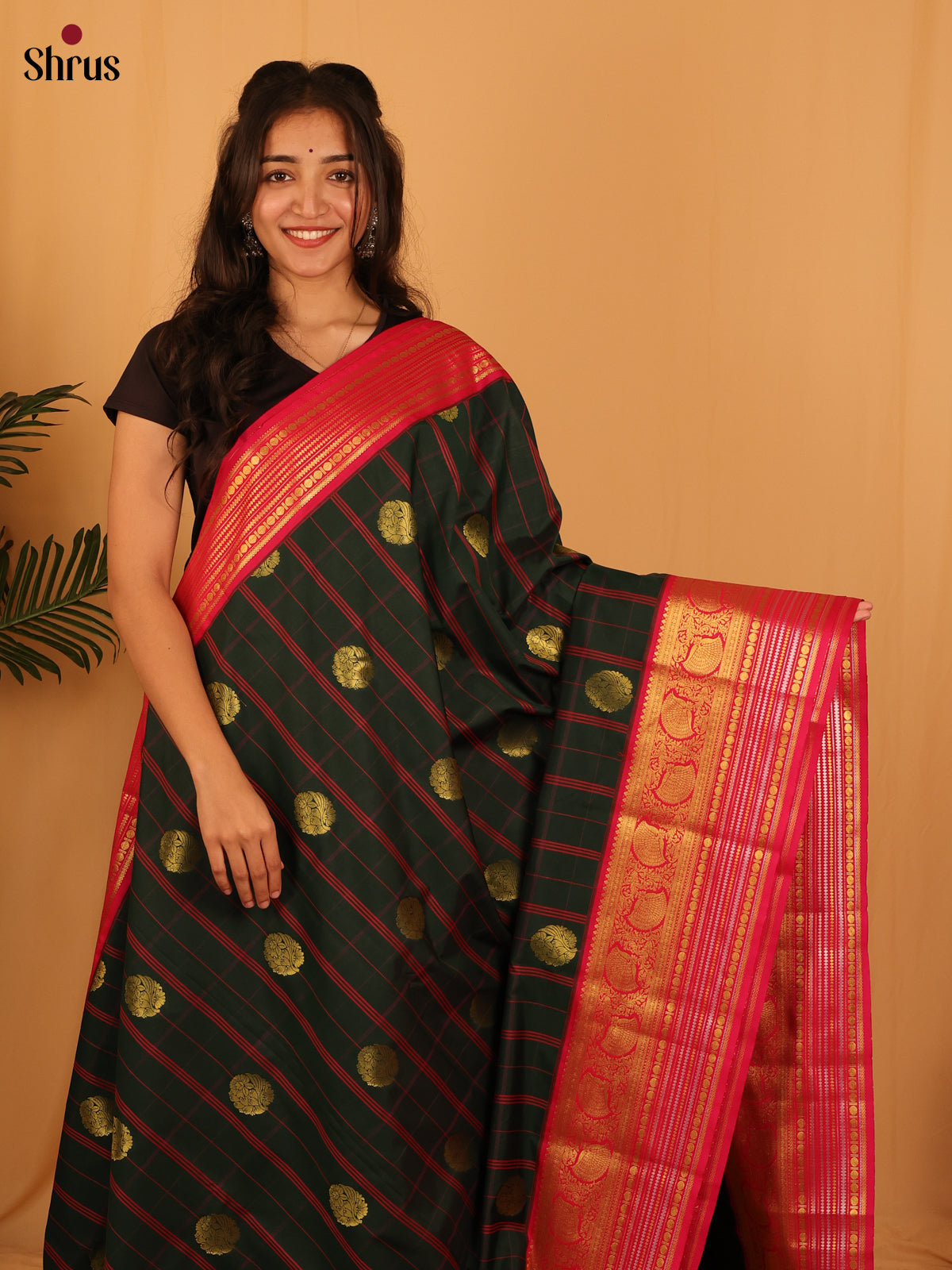 Dark Green & Red - Bangalori silk Saree