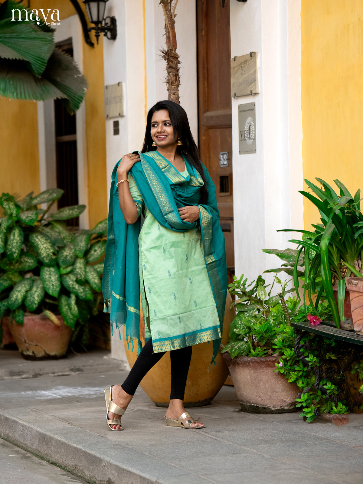 Pista Green & Green - Kalyani Cotton unstitched Top & Dupatta - DAS03006 - Shop on Shrus.com