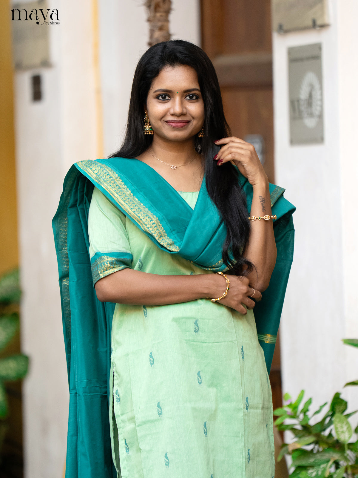Pista Green & Green - Kalyani Cotton unstitched Top & Dupatta - DAS03006 - Shop on Shrus.com