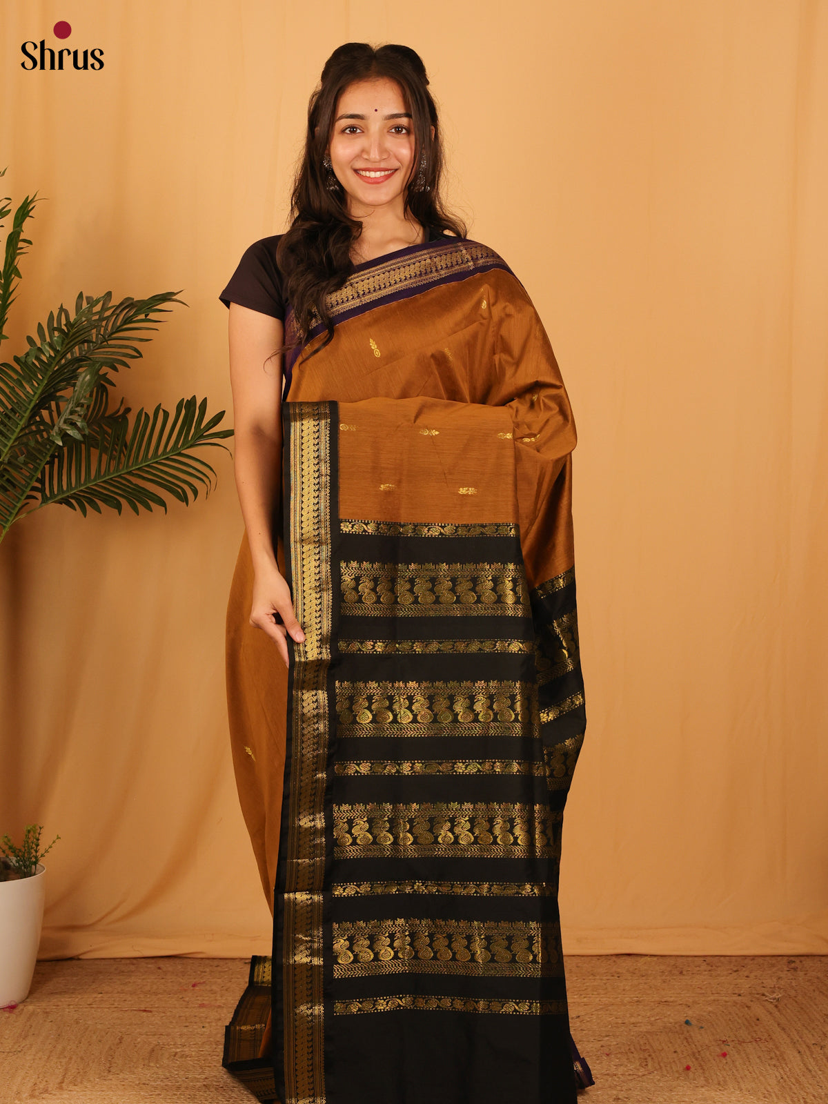 Dark Mustard & Black - Kalyani Cotton Saree - Shop on Shrus.com