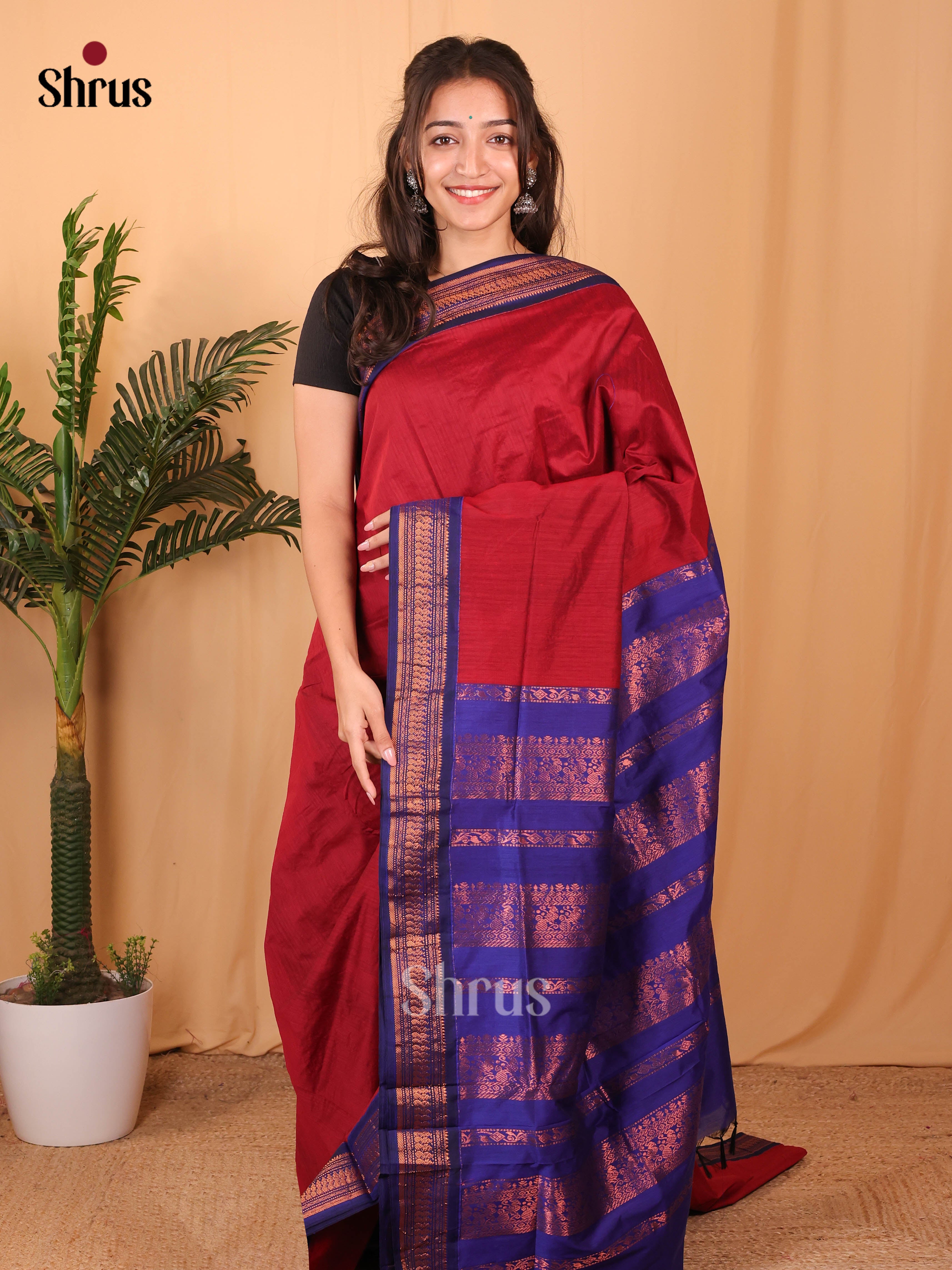 Maroon & Blue- Kalyani Cotton Saree - Shop on Shrus.com
