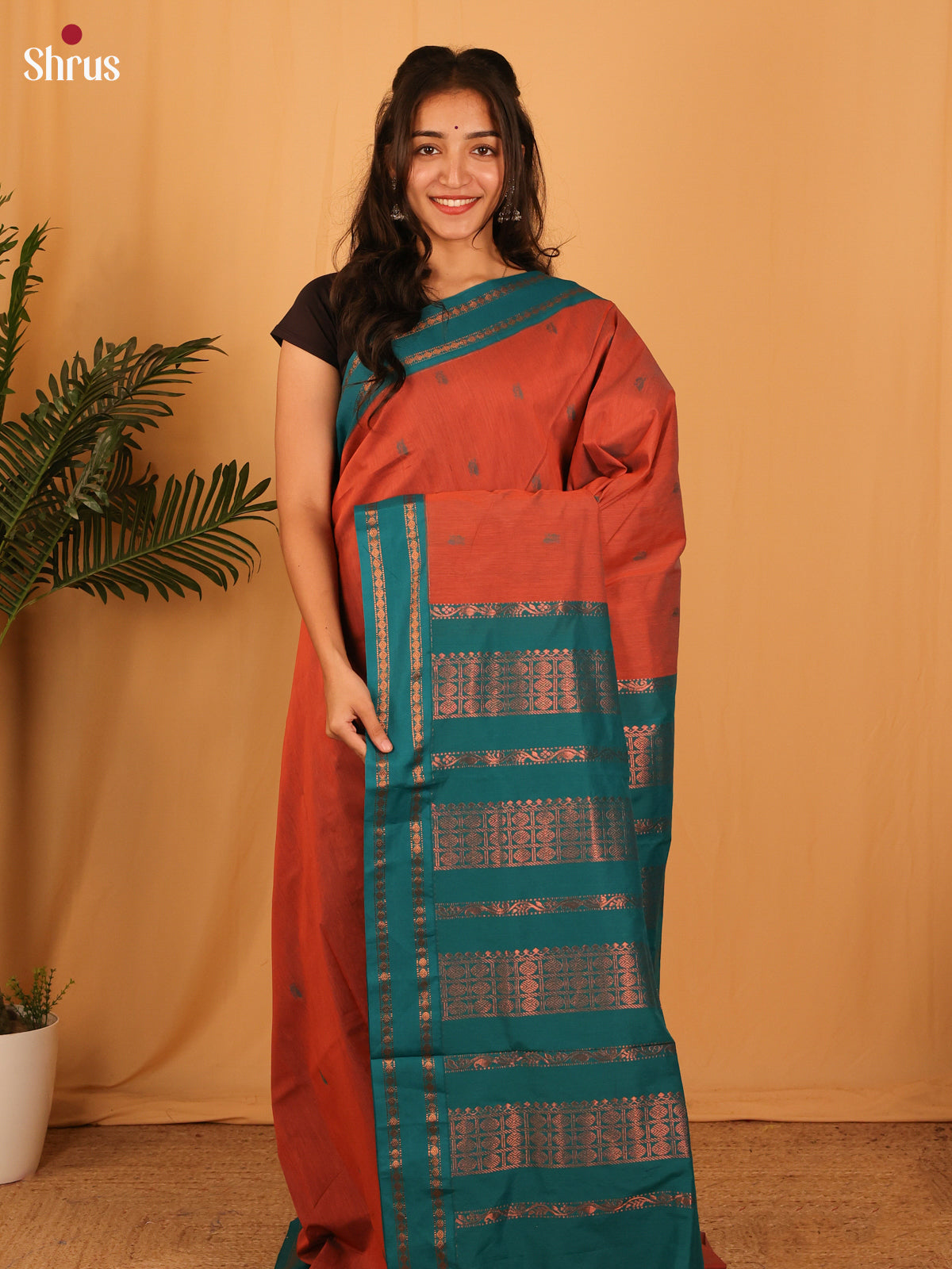 Brick & green - Kalyani Cotton Saree