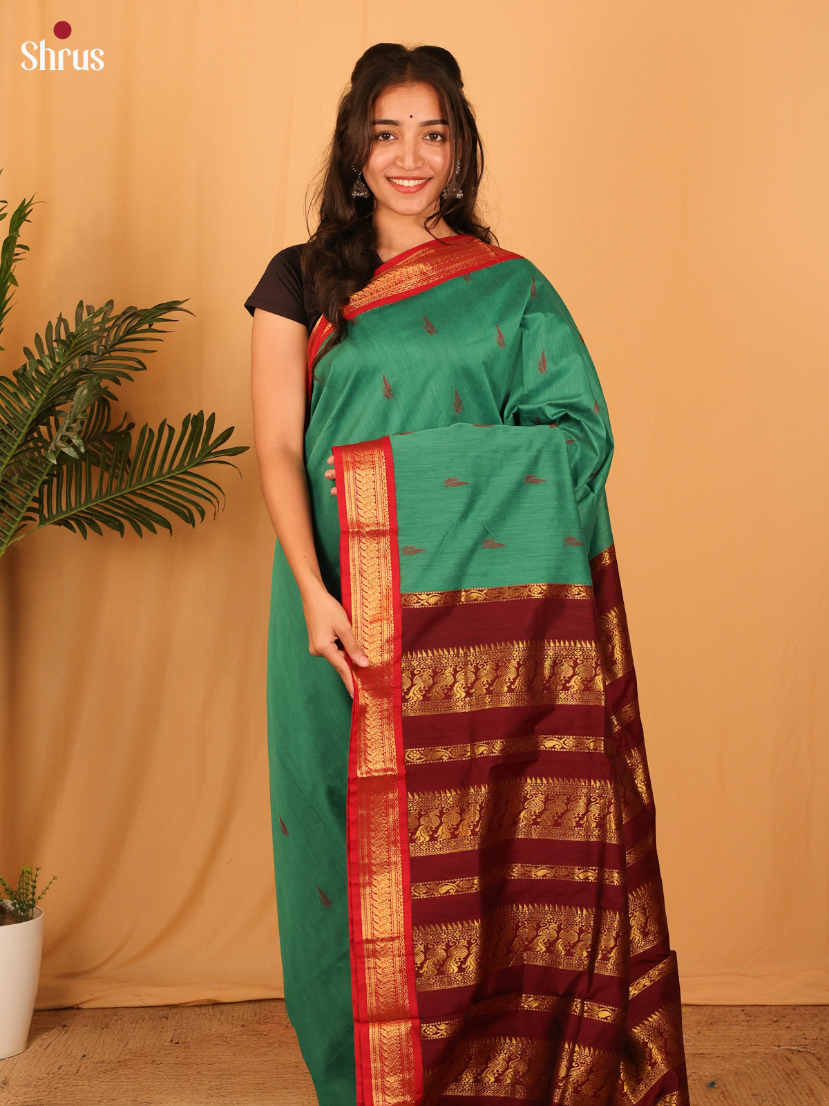 Green & Maroon - Kalyani Cotton Saree - Shop on Shrus.com
