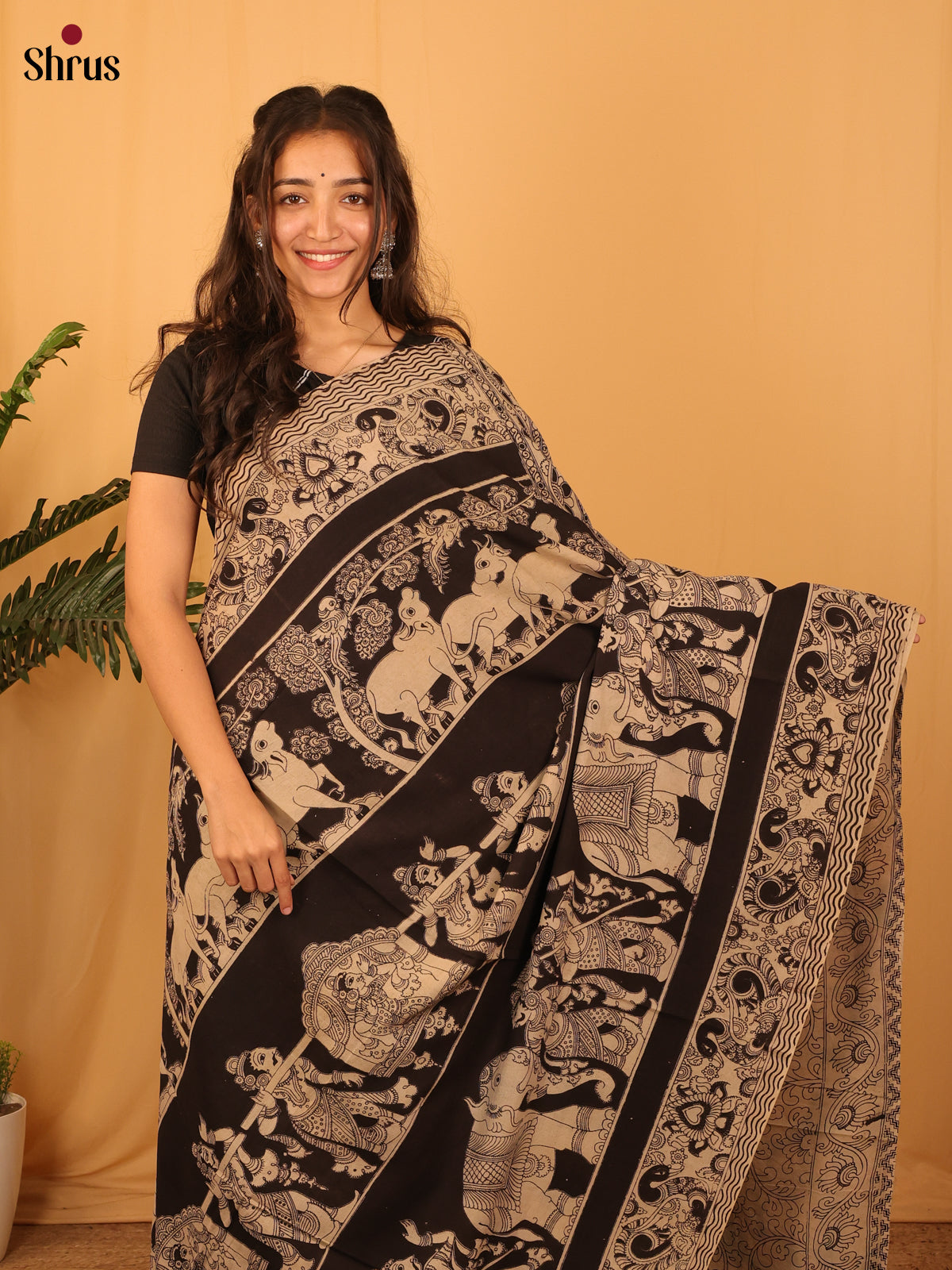 Black & Beige - kalamkari-cotton Saree - Shop on Shrus.com