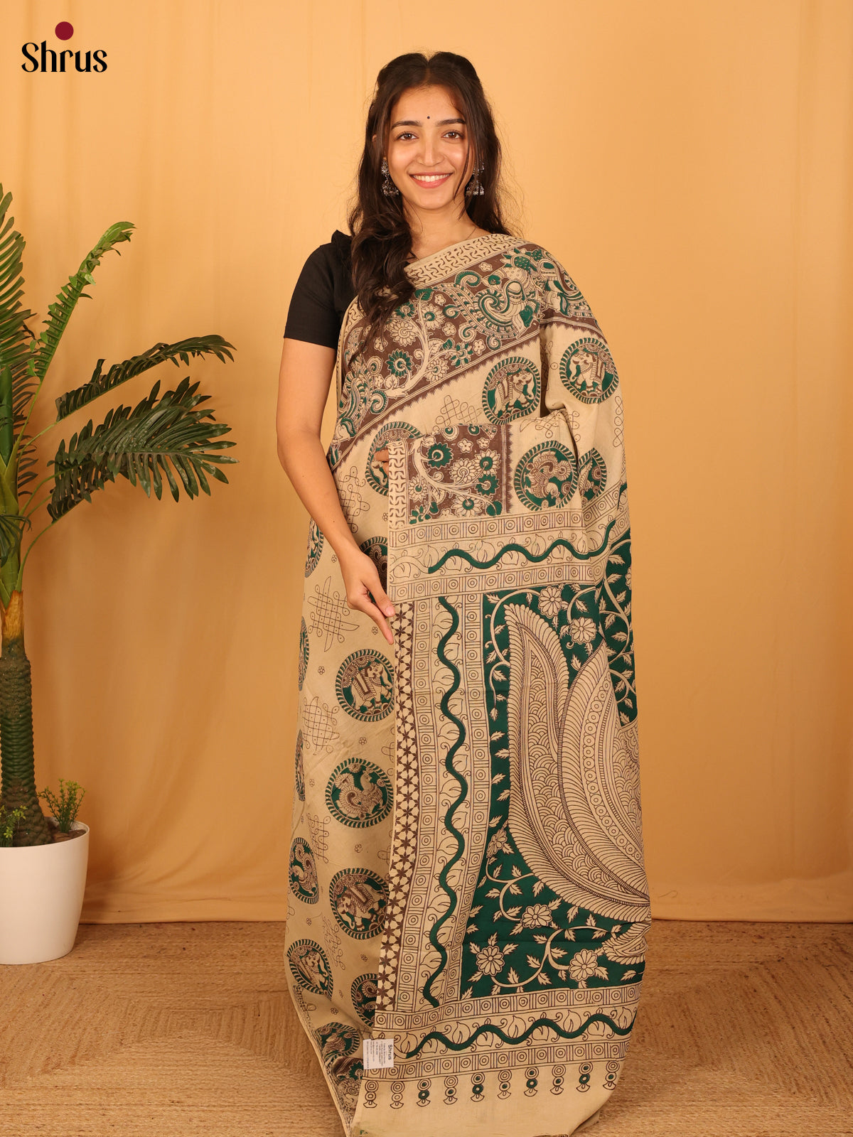 Beige & Green- kalamkari-cotton Saree - Shop on Shrus.com