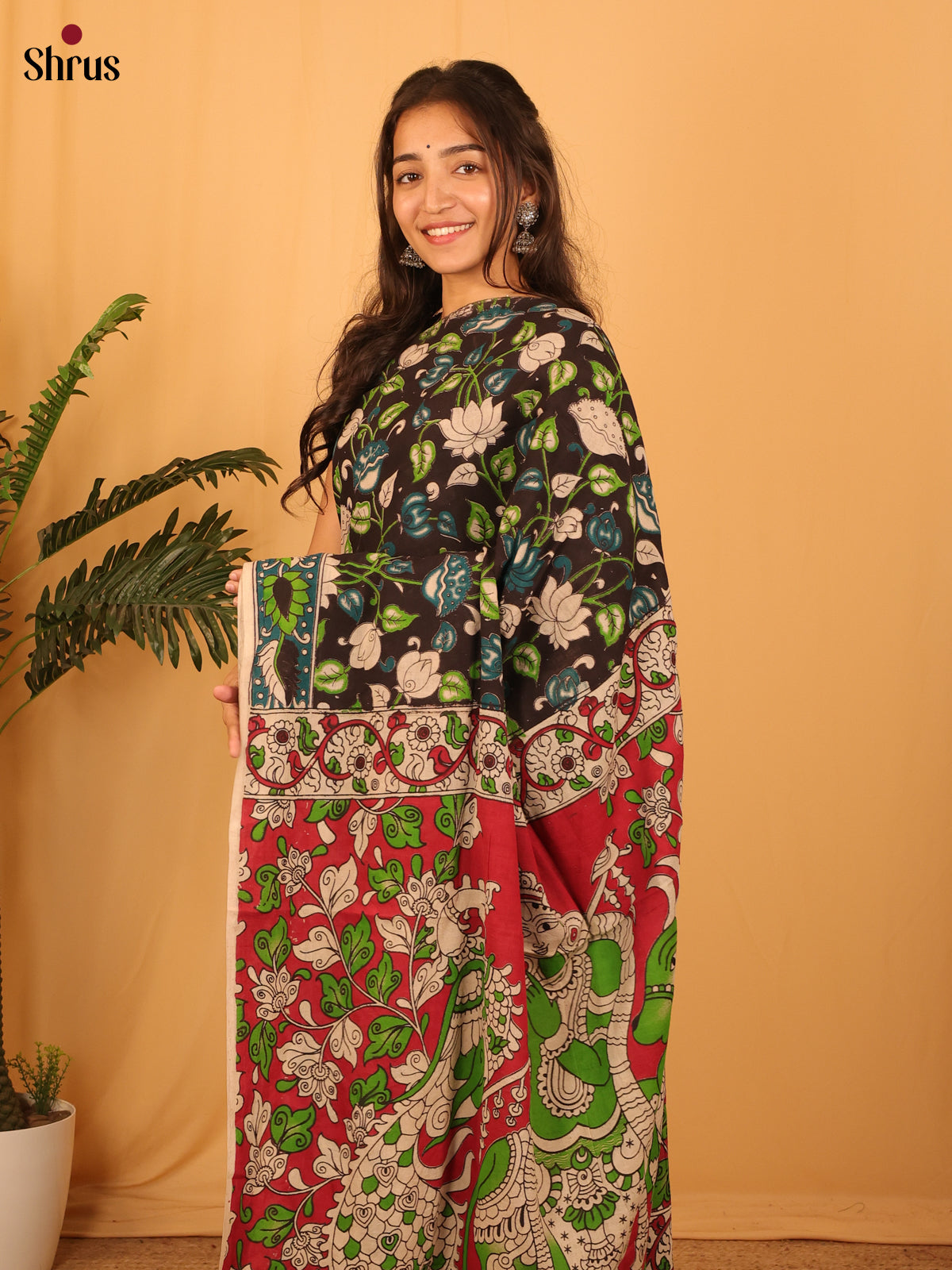 Black & Red - kalamkari-cotton Saree - Shop on Shrus.com