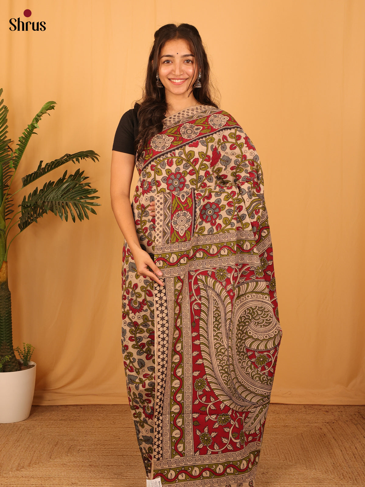 Beige & Maroon- kalamkari-cotton Saree