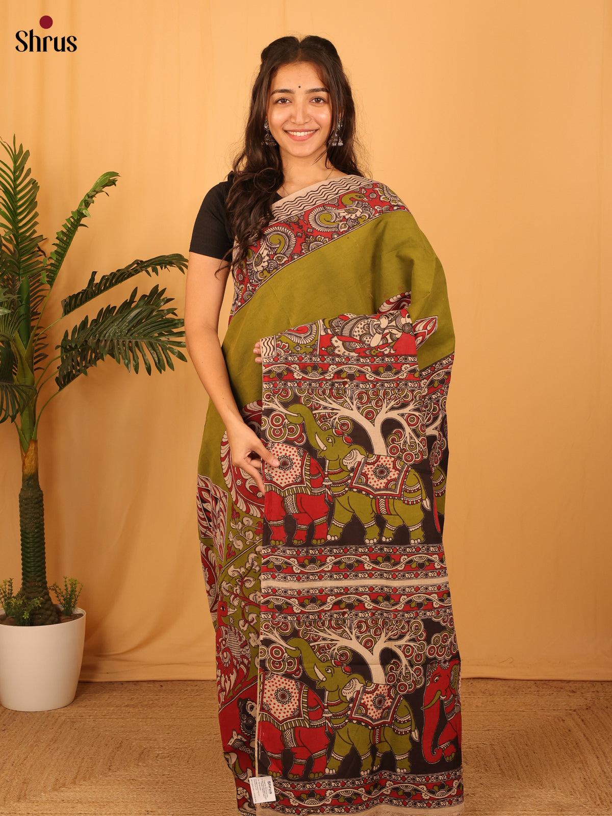 Green & Beige - kalamkari-cotton Saree - Shop on Shrus.com
