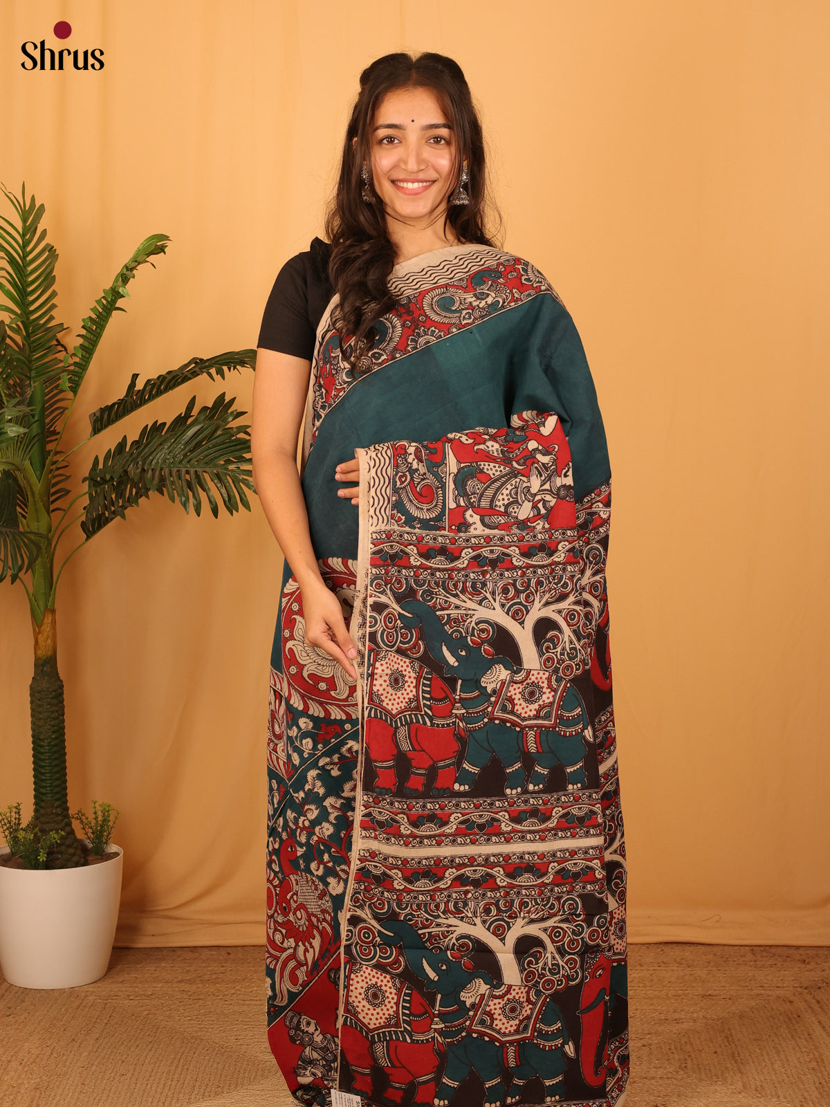 Peacock Green & Red - kalamkari-cotton Saree - Shop on Shrus.com