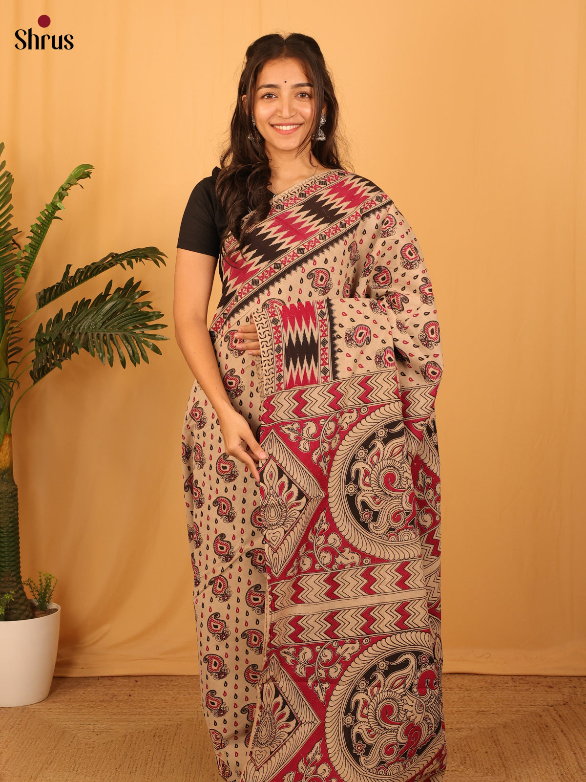 Beige & Maroon - kalamkari-cotton Saree