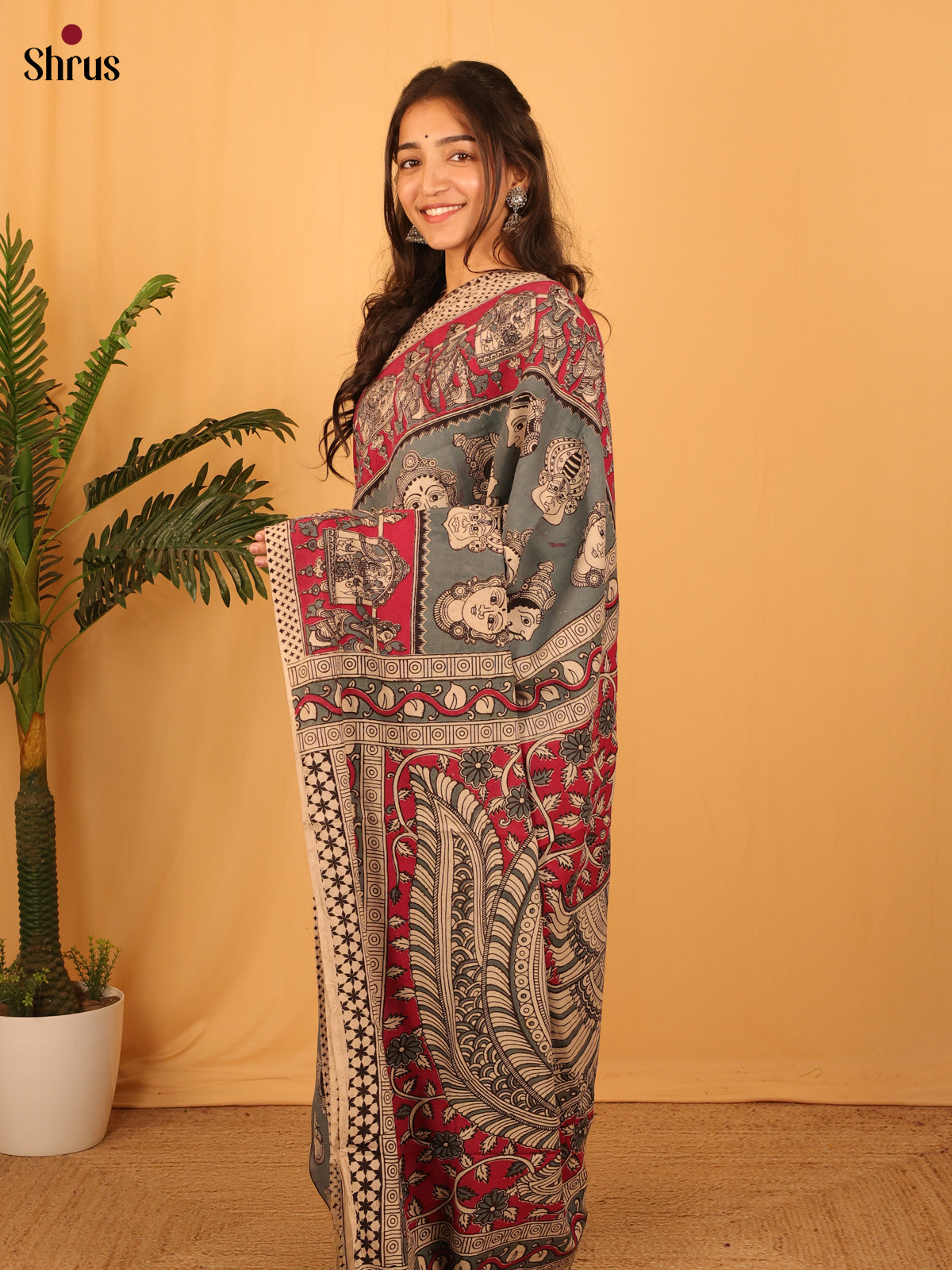 Grey & Red  - kalamkari-cotton Saree - Shop on Shrus.com