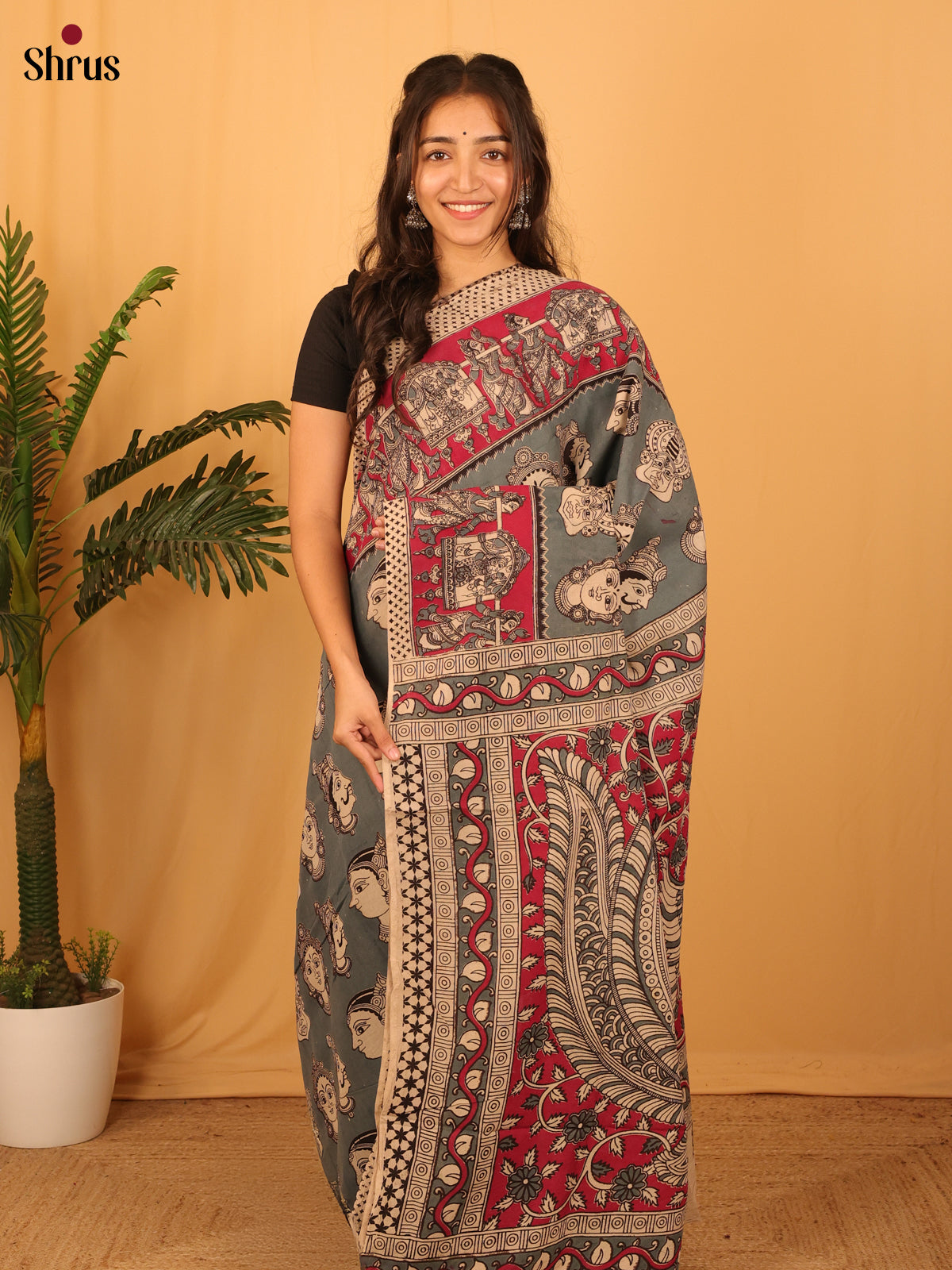 Grey & Red  - kalamkari-cotton Saree - Shop on Shrus.com