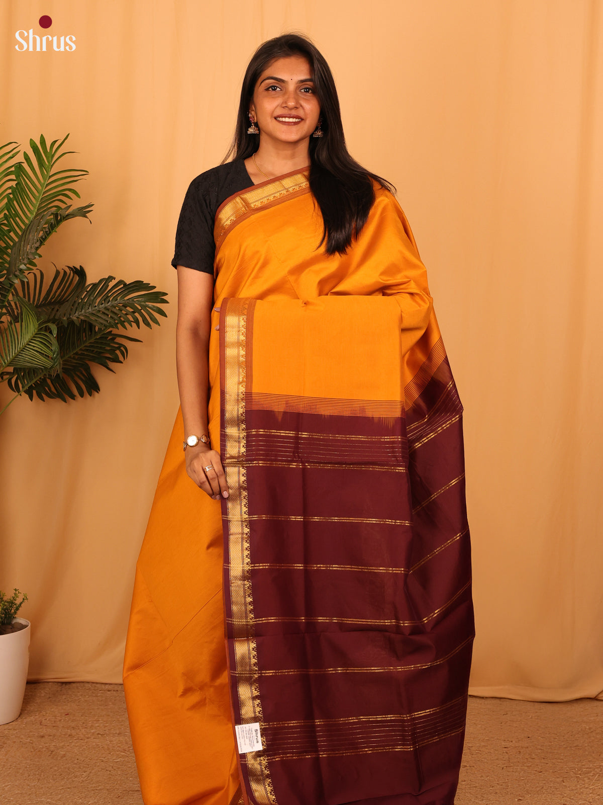 Orange & Brown - Silkcotton-halfpure Saree