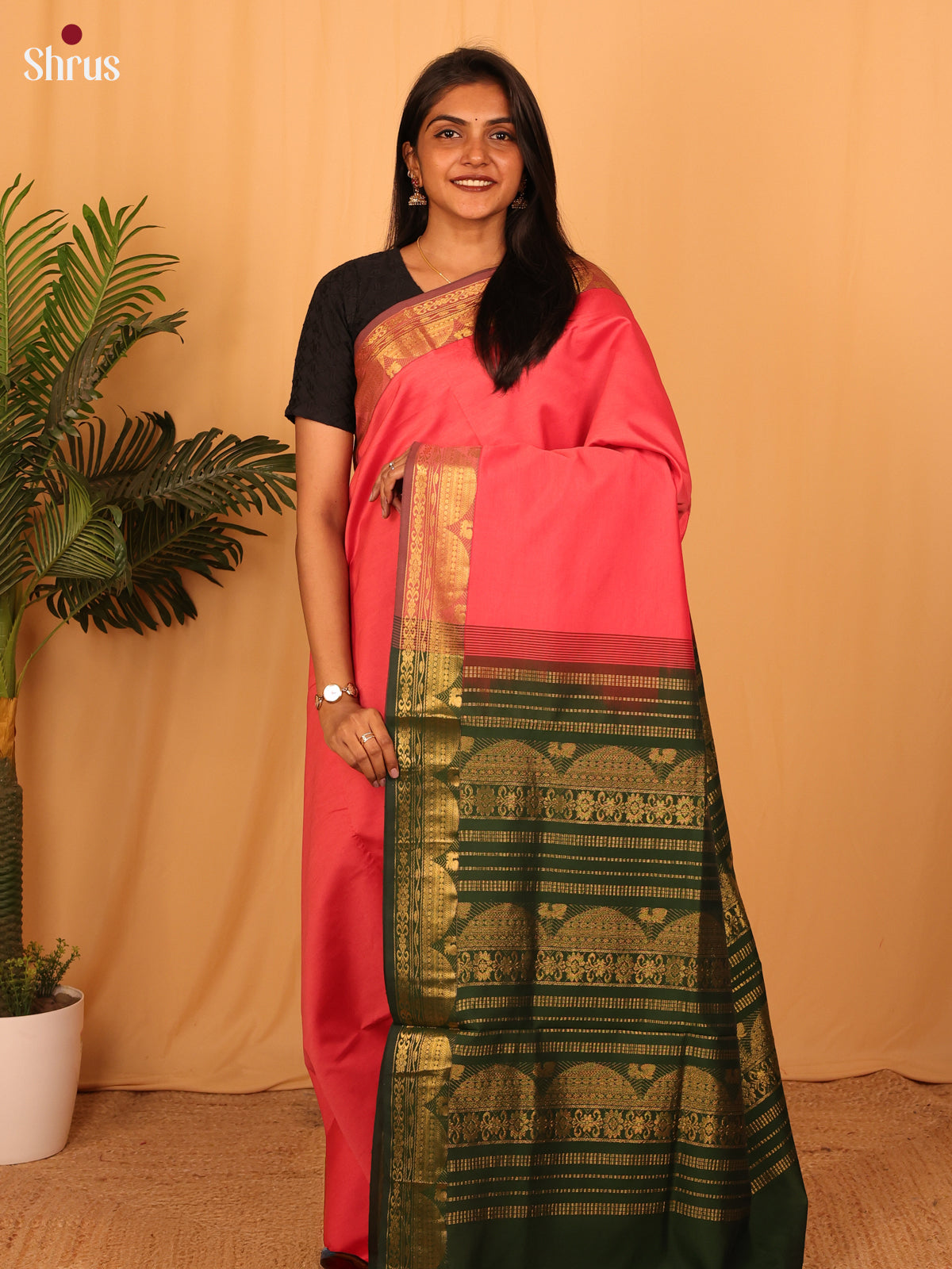 Pink &  Green- Silkcotton-halfpure Saree