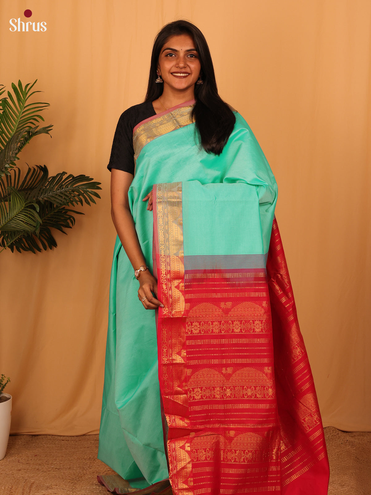 Teal Green & Red - Silkcotton-halfpure Saree