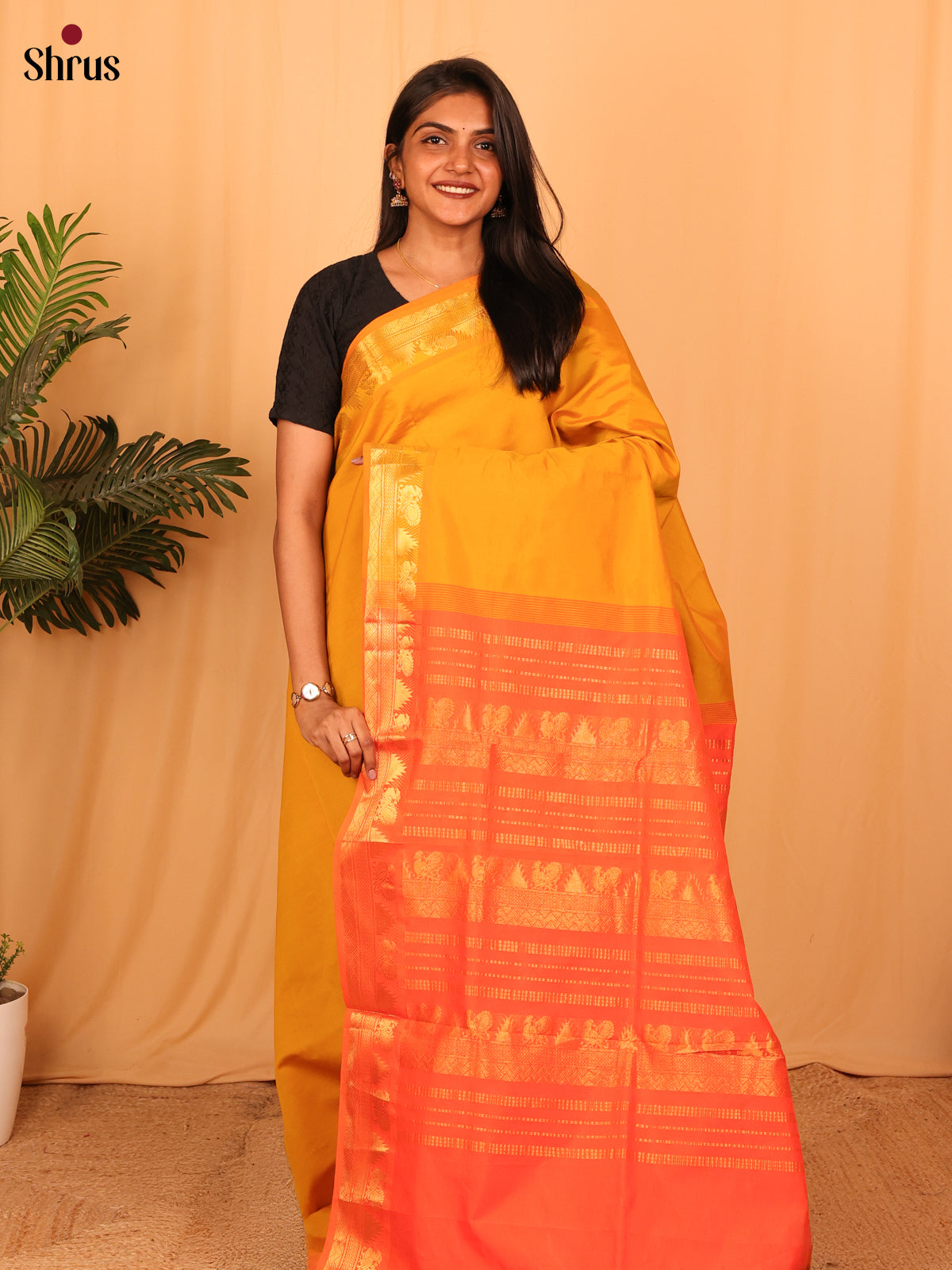 Mustard & Orange - Silkcotton-halfpure Saree