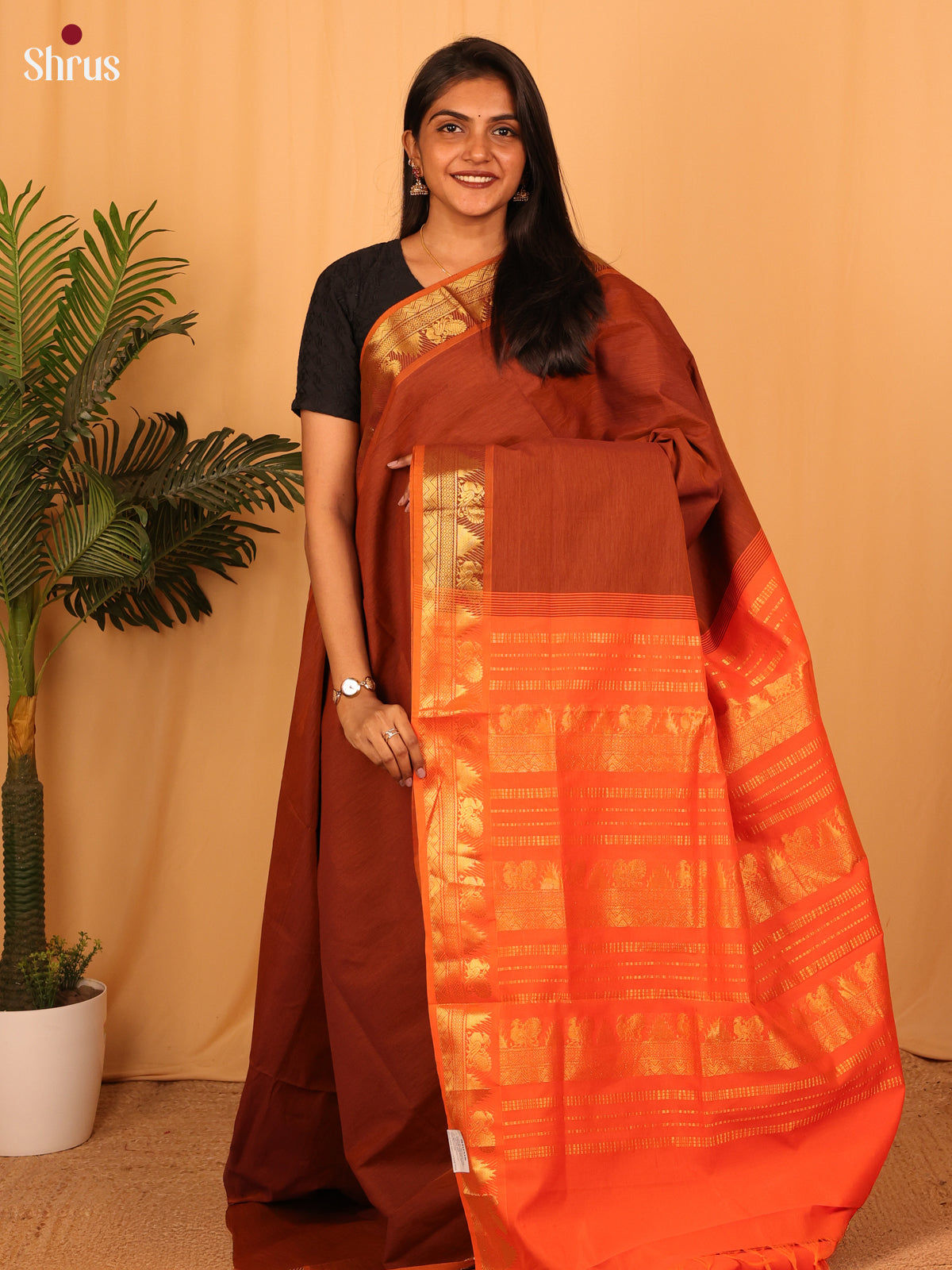 Brown & Orange - Silkcotton-halfpure Saree