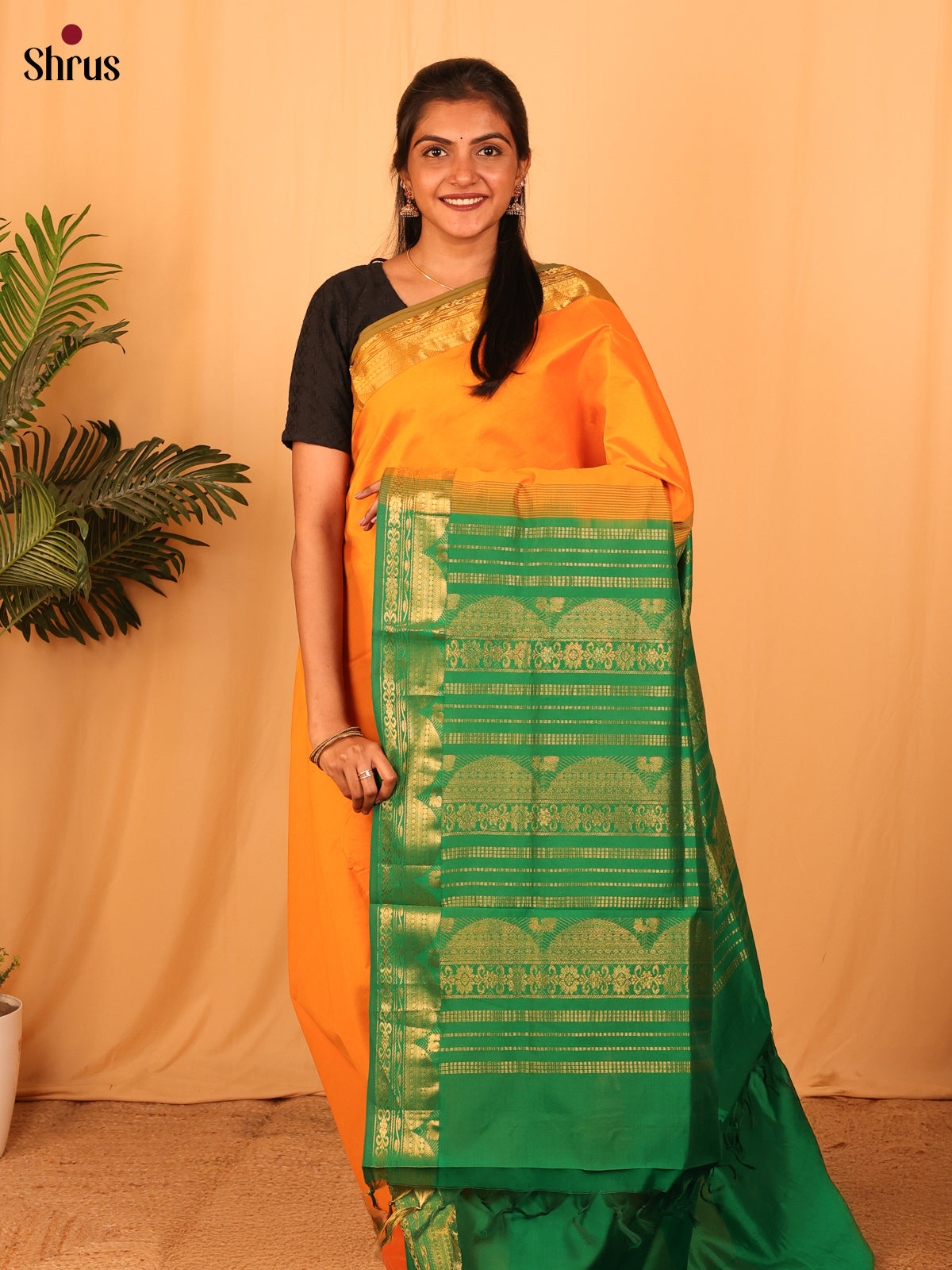 Orange & Green - Silkcotton-halfpure Saree