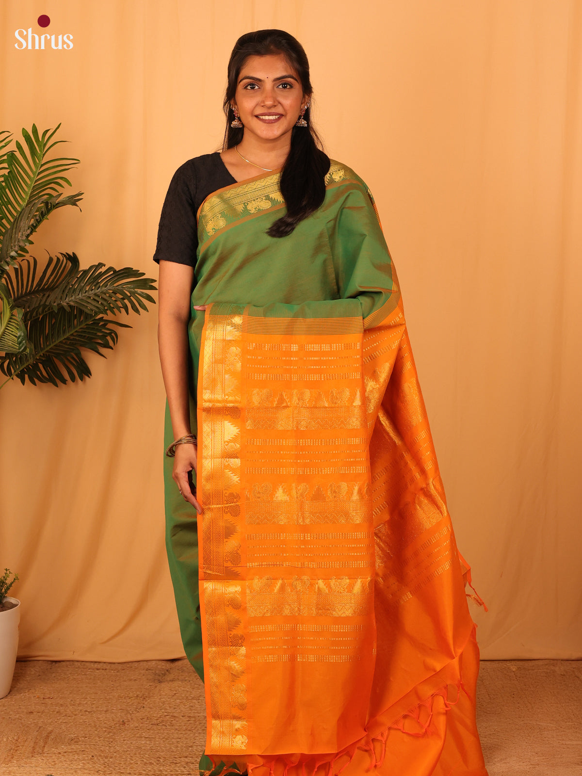 Green & Orange - Silkcotton-halfpure Saree