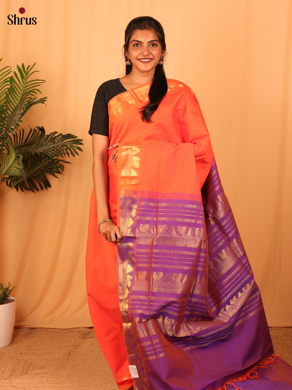 Orange & Purple - Silkcotton-halfpure Saree